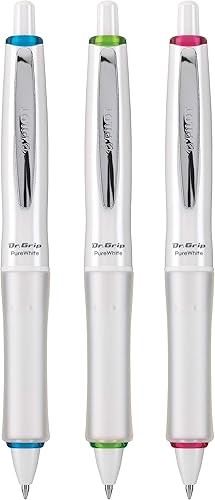 PILOT Dr Grip PureWhite - Bolígrafo recargable y retráctil punta media con detalles de colores surtidos tinta negra paquete de 3 14631