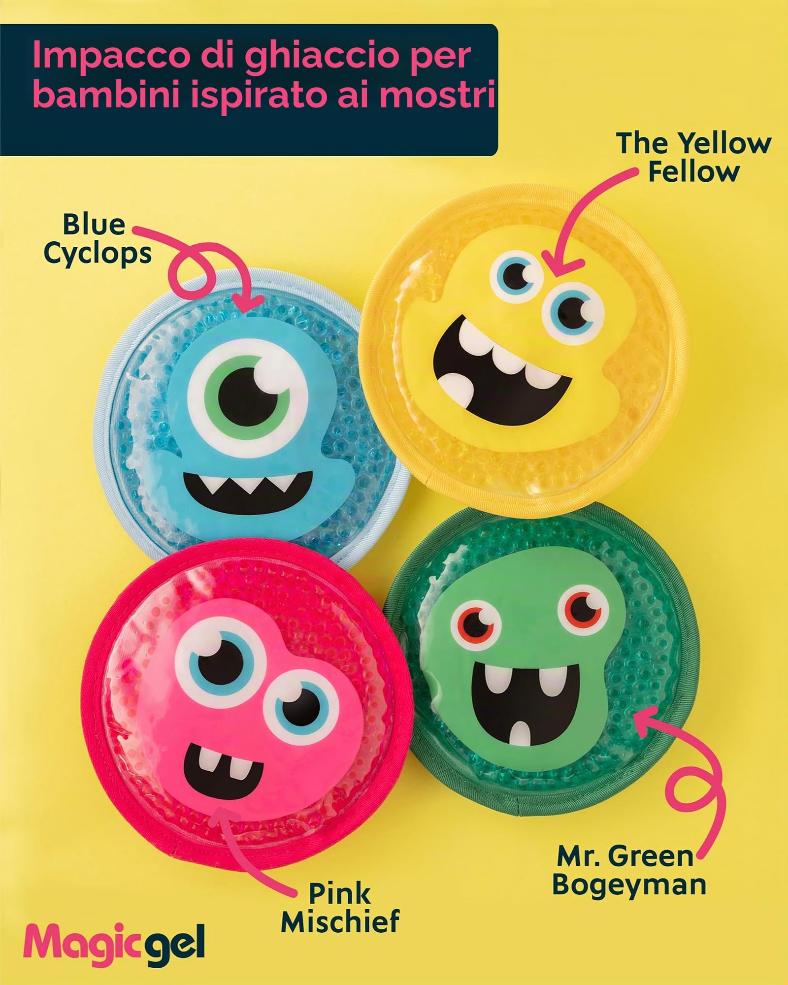Magic Gel Ghiaccio Gel Riutilizzabile Bambini - Set di 4 - Ghiaccio Bambini - Impacco Caldo Freddo con Freezer e Microonde - Adatto a Ginocchio Mal di Denti e Febbre - Design con Piccoli Mostri