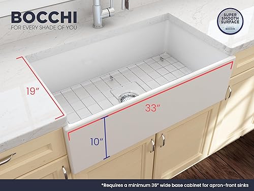 Miniatura 2 de BOCCHI Contempo Farmhouse - Delantal delantero de arcilla refractaria de 33 pulgadas, fregadero de cocina con rejilla inferior protectora y colador