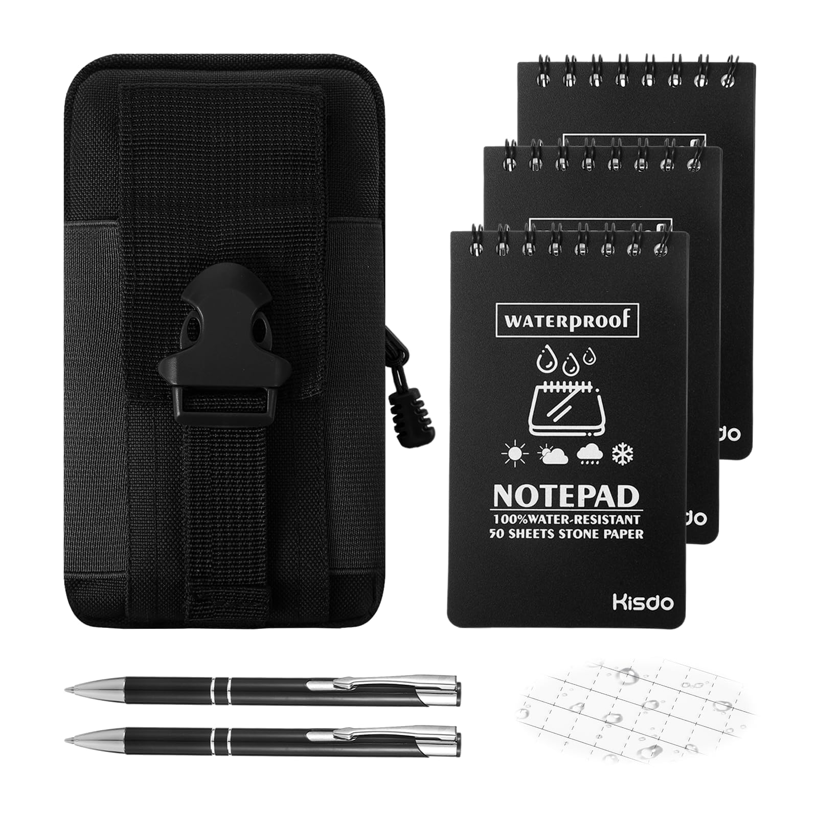 3 PCS Waterproof Notebook,Pocket Notepad with 2 Ballpoint Pens and 1 Hanging Bag,Mini Spiral Notebook 3 In × 5 In,All-Weather Paper with Grid for Outdoor Activity Recording and Tactical (Black)