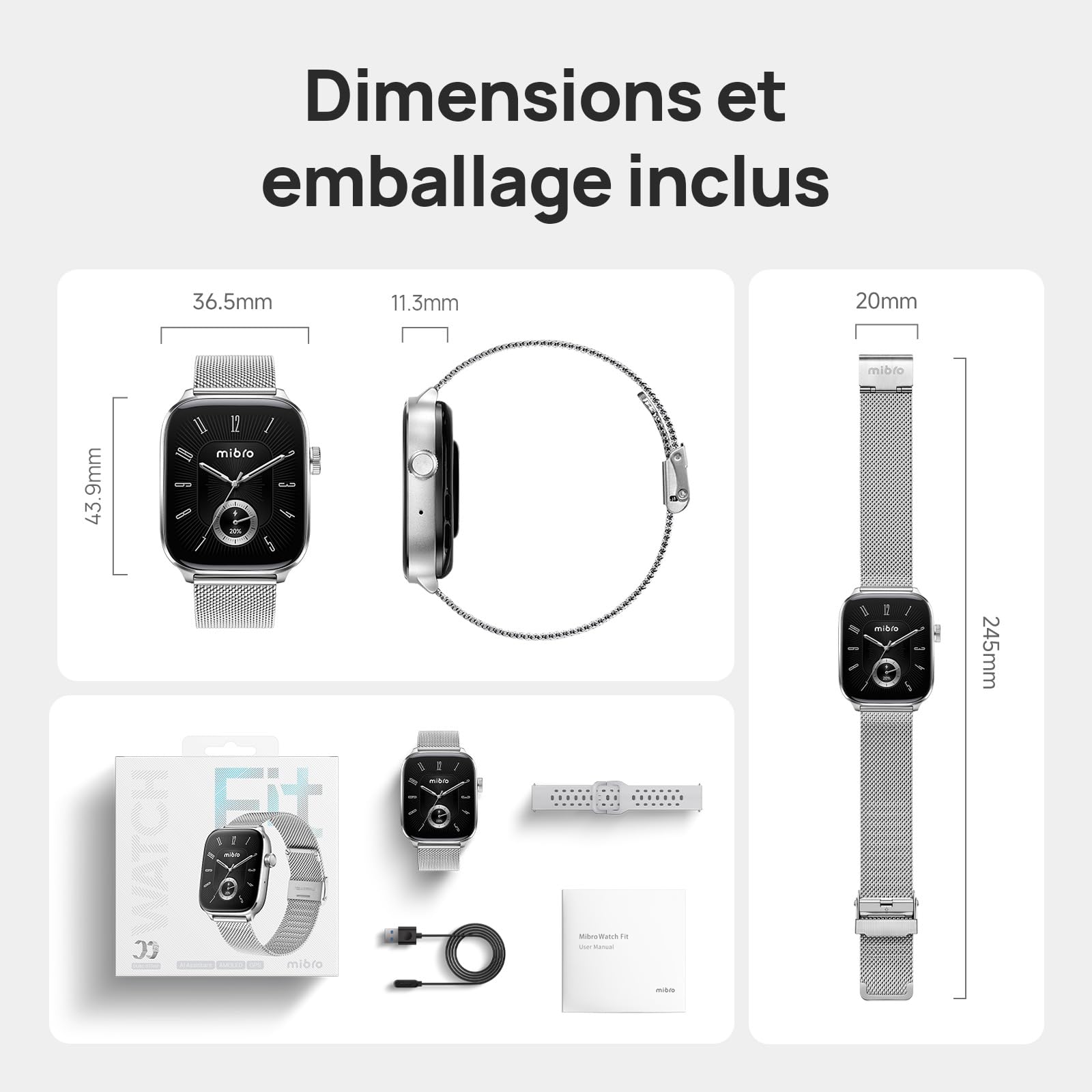 Mibro Fit Montre Connectée Homme Femme 1,75" AMOLED, Assistant Vocal | 150+ Sports (Padel, GPS Course), 8 Jours Autonomie, Étanche 5ATM, Suivi Sommeil & Fitness, Santé pour Android iOS(Argenté)