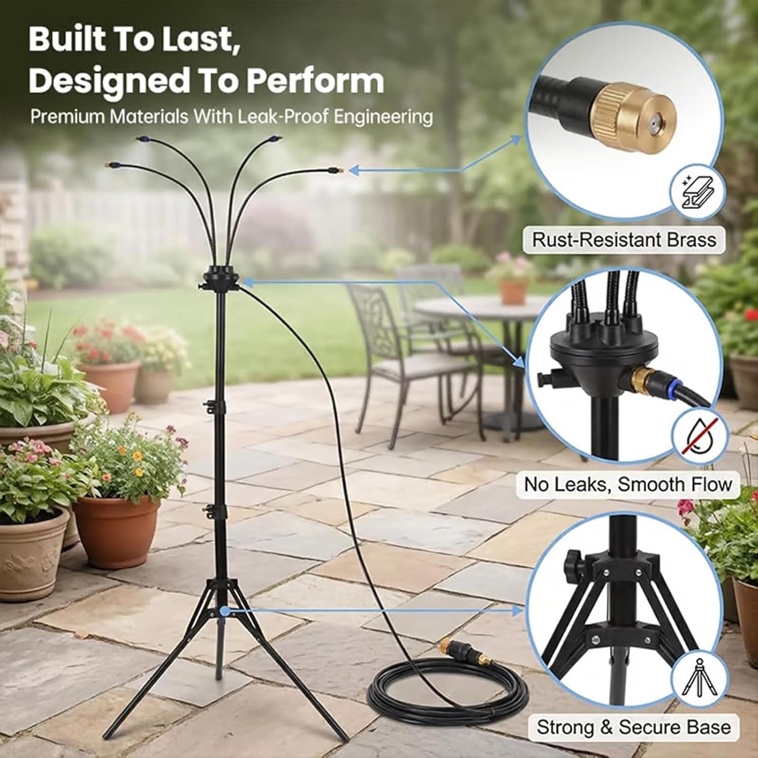 Adjustable Outdoor Misting Cooling System, 5.25FT Standing Misters for Outside Patio, 360° Flexible Portable Mister System with Solid Base for Garden, Dog, Deck & BBQ (1Pc)