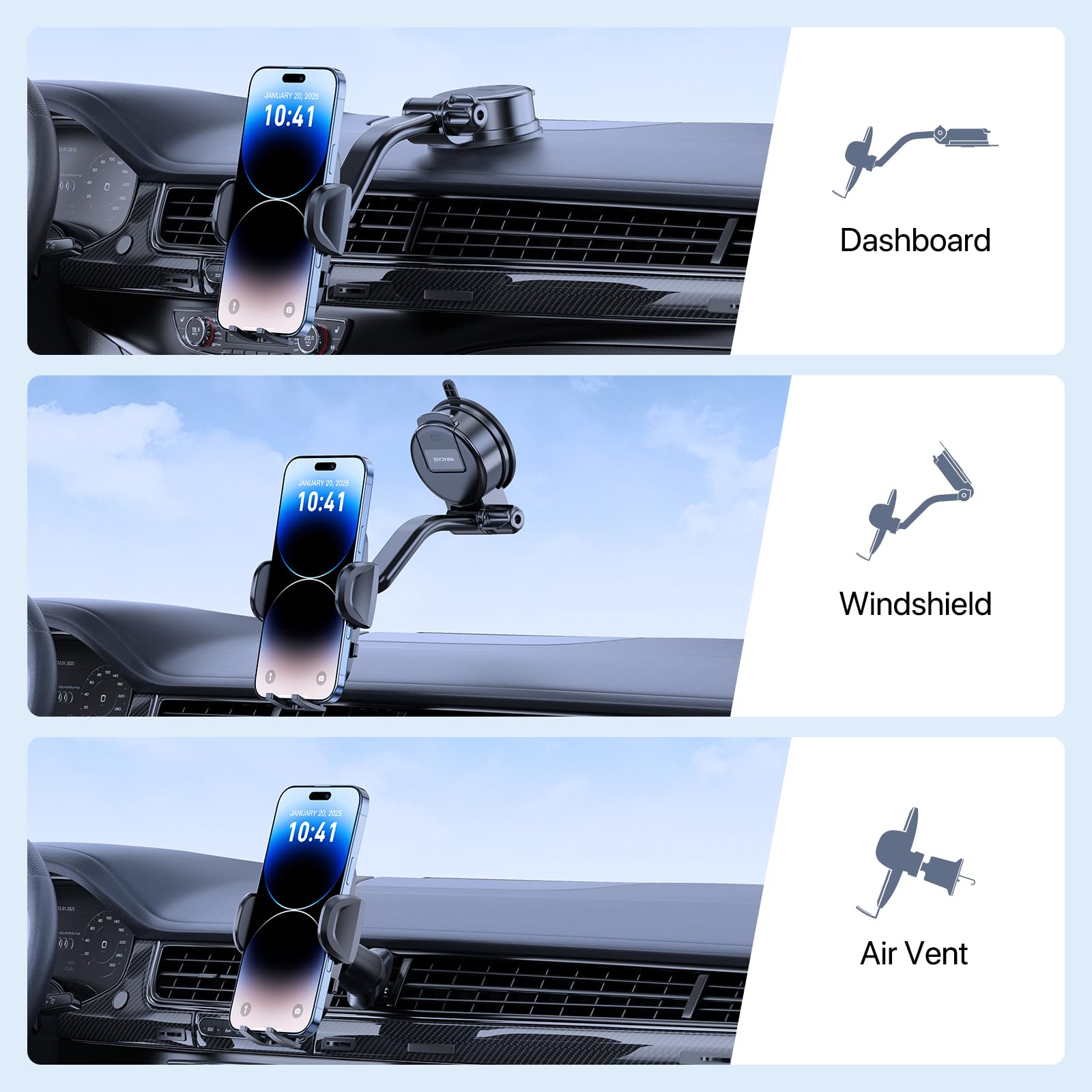 Miracase Supporto per telefono da auto, super ventosa e doppio gancio in acciaio ultra stabile, rotazione a 360°, multi-scena, per cruscotto, parabrezza, furgoni, supporto per tutti i cellulari da 4,5