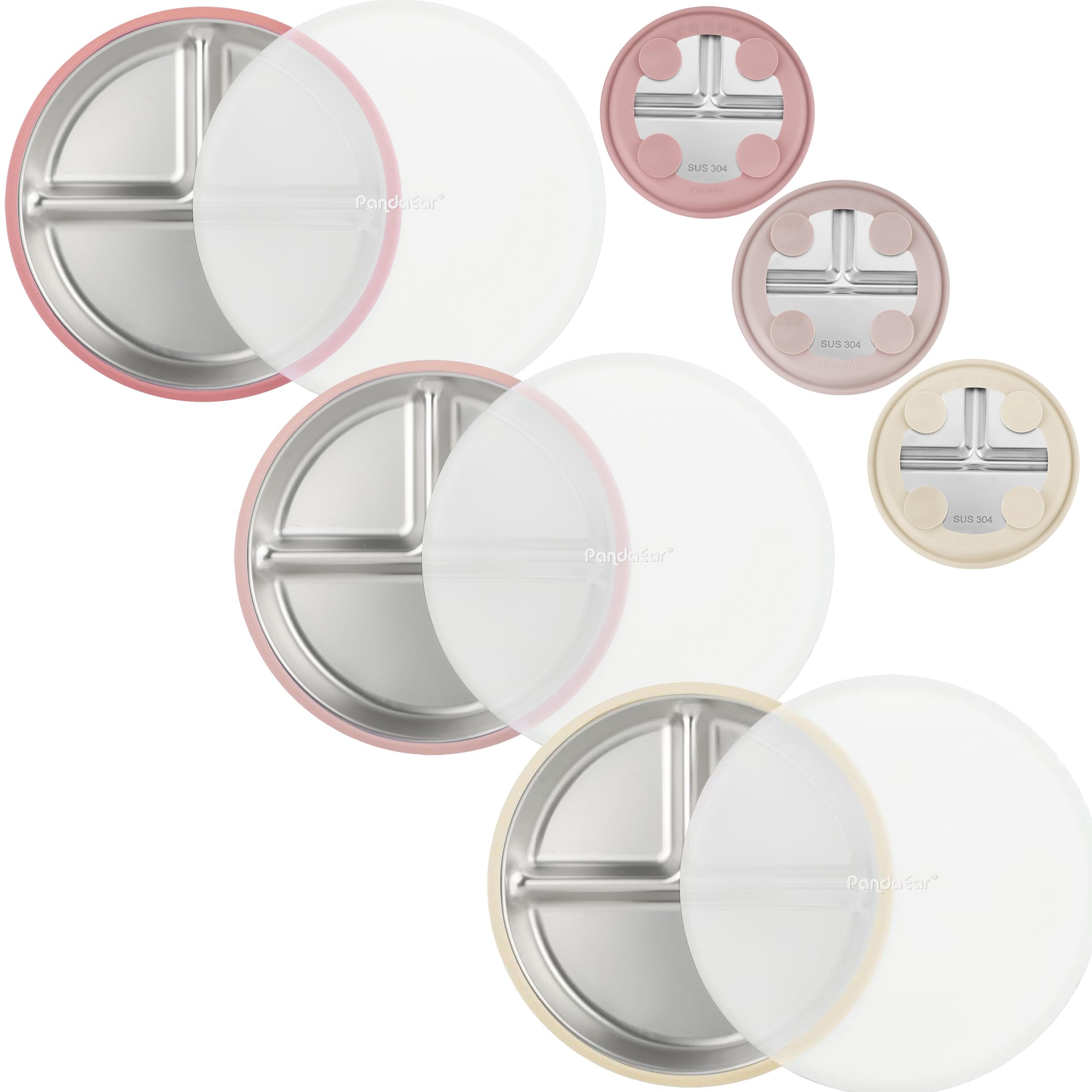 PandaEar Piatti con Ventosa in Acciaio Inox per Bambini Set da 3 (pink)