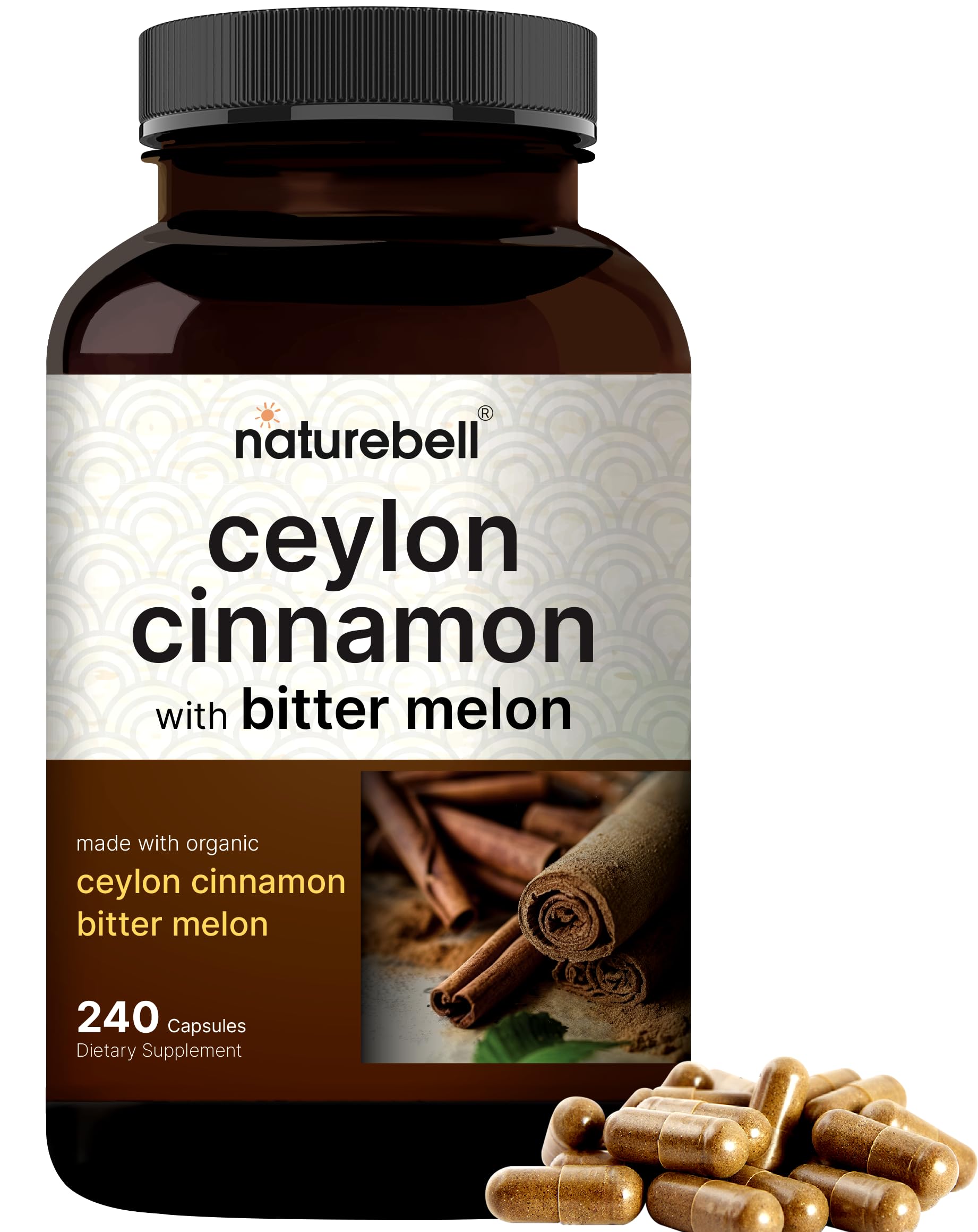 Ceylon Cinnamon 9,000mg Per Serving, 240 Capsules | Made with Organic Sri Lanka Ceylon Cinnamon and Organic Bitter Melon, 2 in 1 Support – Non-GMO, No Gluten