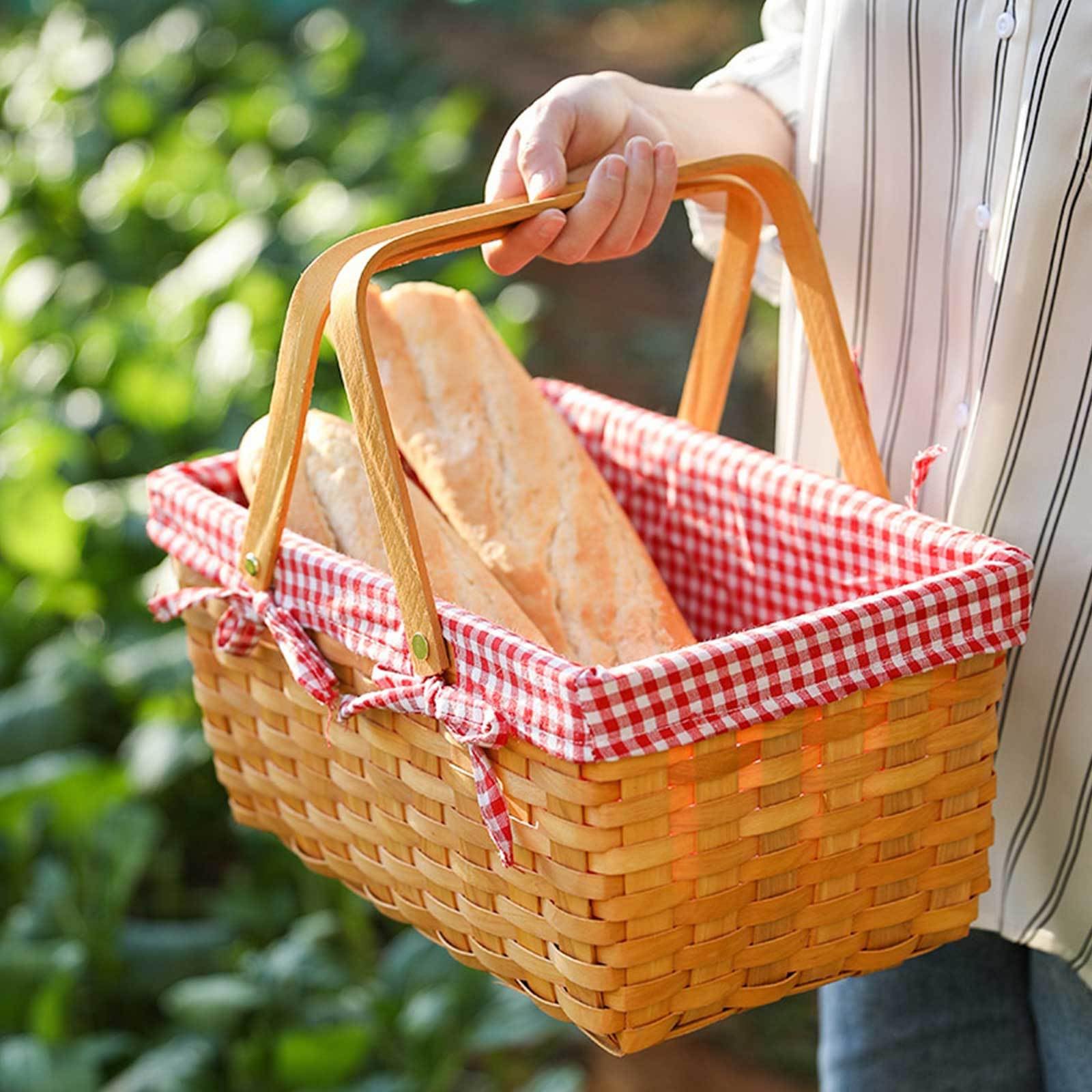 Ręcznie tkany drewniany kosz piknikowy, z 2 uchwytami obrotowymi i podszewką tkaniny, pusty duży na piknik, zewnątrz, kemping, rodzinę, imprezę, zakupy, prezenty ślubne