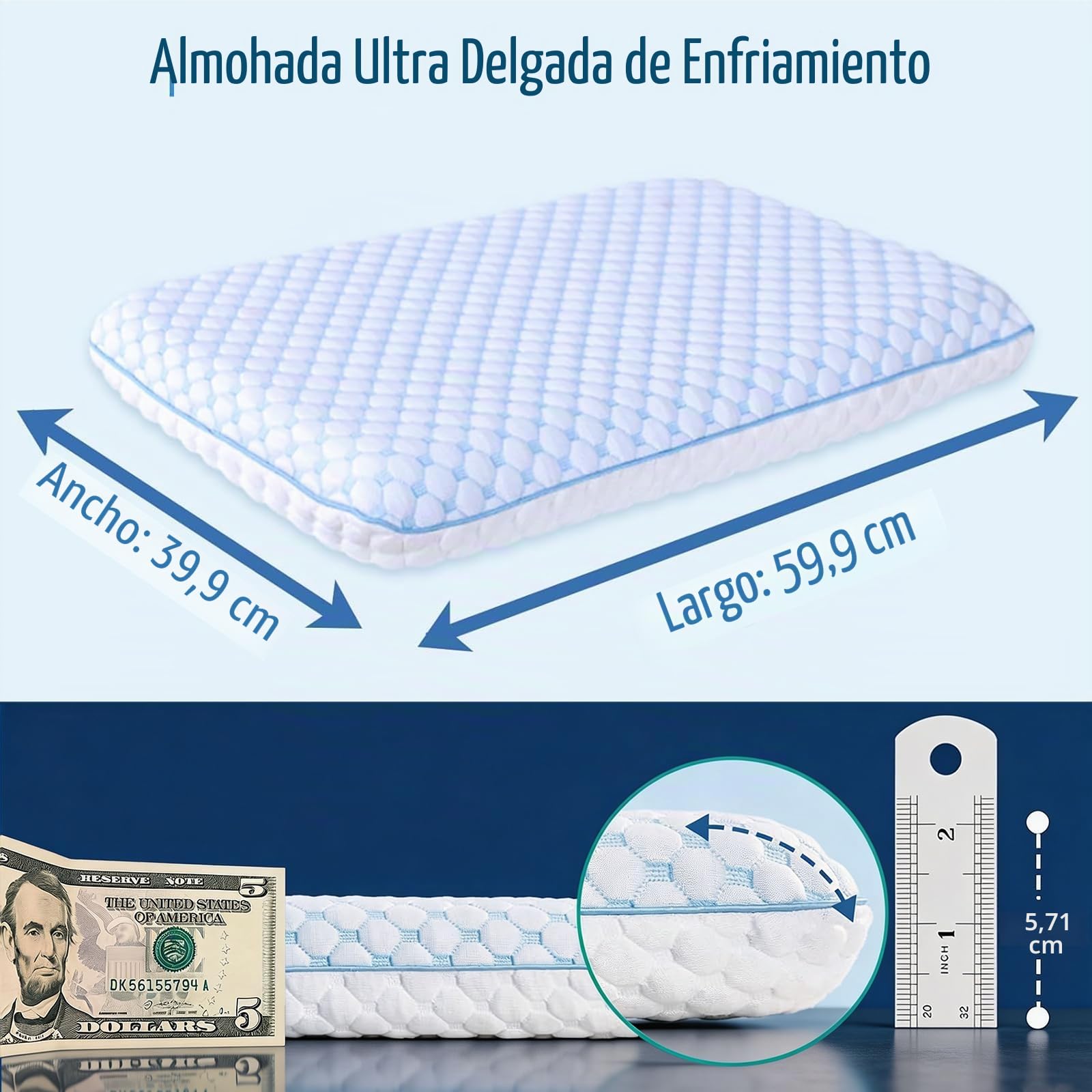 Almohada de Espuma viscoelástica Ultra Fina para Dormir de estómago y Espalda, Almohadas Planas de Perfil bajo con Funda de Tela de bambú, Lavable para Dormir