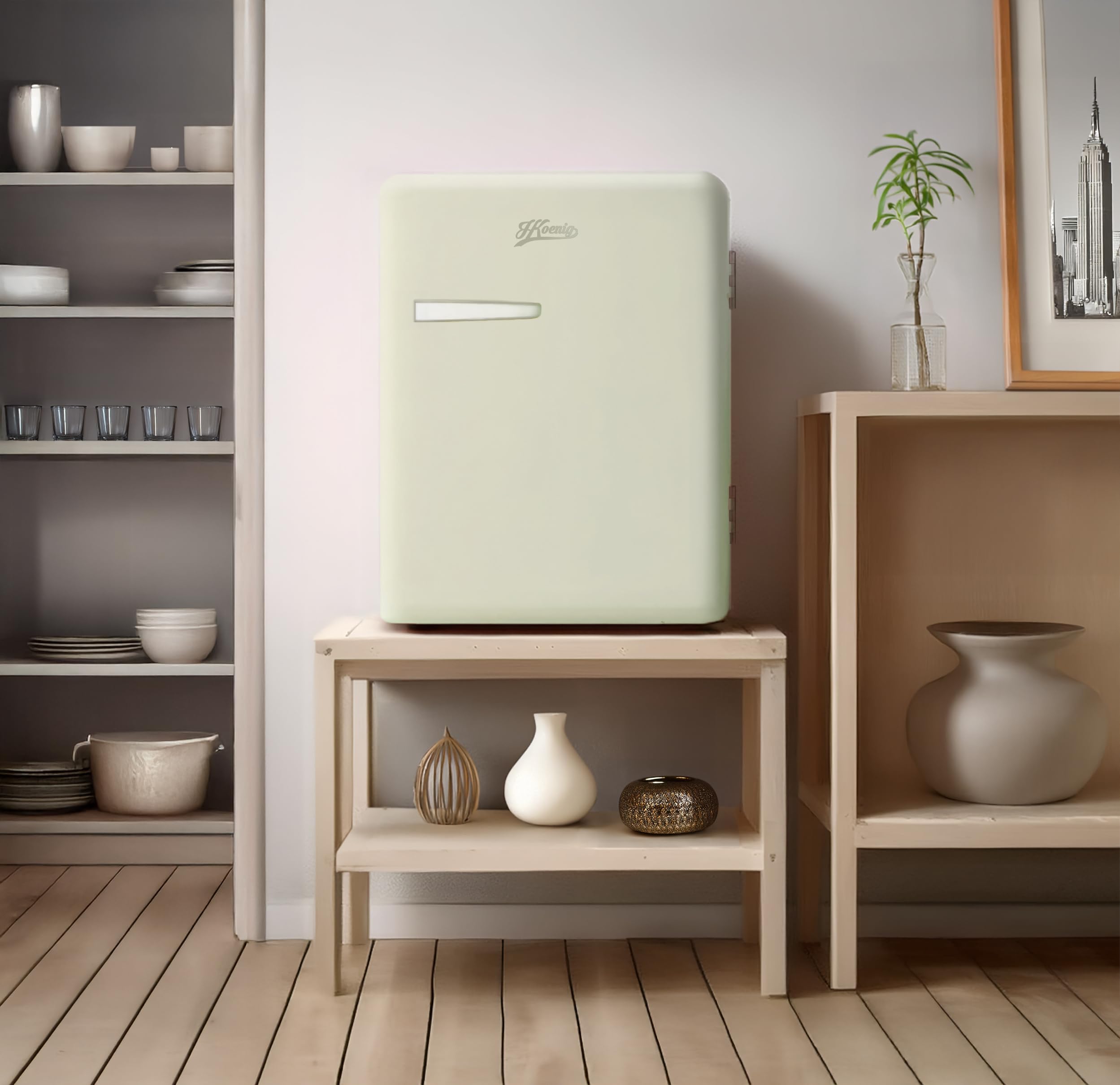 H.Koenig Mini Bar Vintage 31L TOAD7, Mini Frigo de Chambre Compact, Aliments, Boissons, Cosmétiques, Design vintage, Température réglable 6°-15°C, 24 dB, Couleur Vert