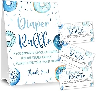 Diaper Raffle Tickets for Baby Shower Game, 1 Standing Sign & 50 Guessing Cards for Baby Shower Party Decoration, Bule Donut Sprinkle