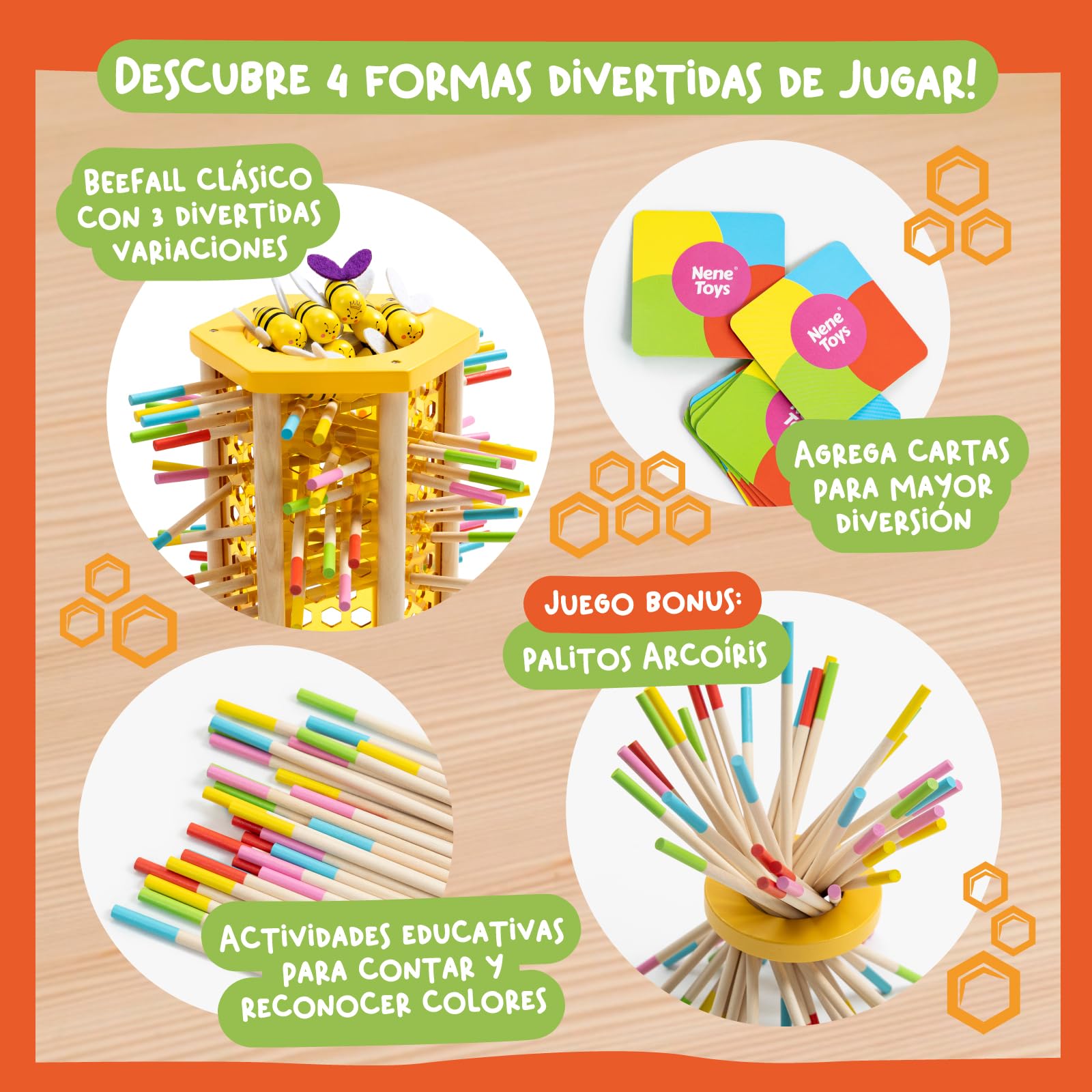 Nene Toys BEEFALL, Juego Montessori 4-en-1 para Niños 3-9 Años - Juguete Educativo de Madera con Colmena, 12 Abejas, Palitos de Colores, Dados y Cartas - Juego Familiar para el Desarrollo Cognitivo