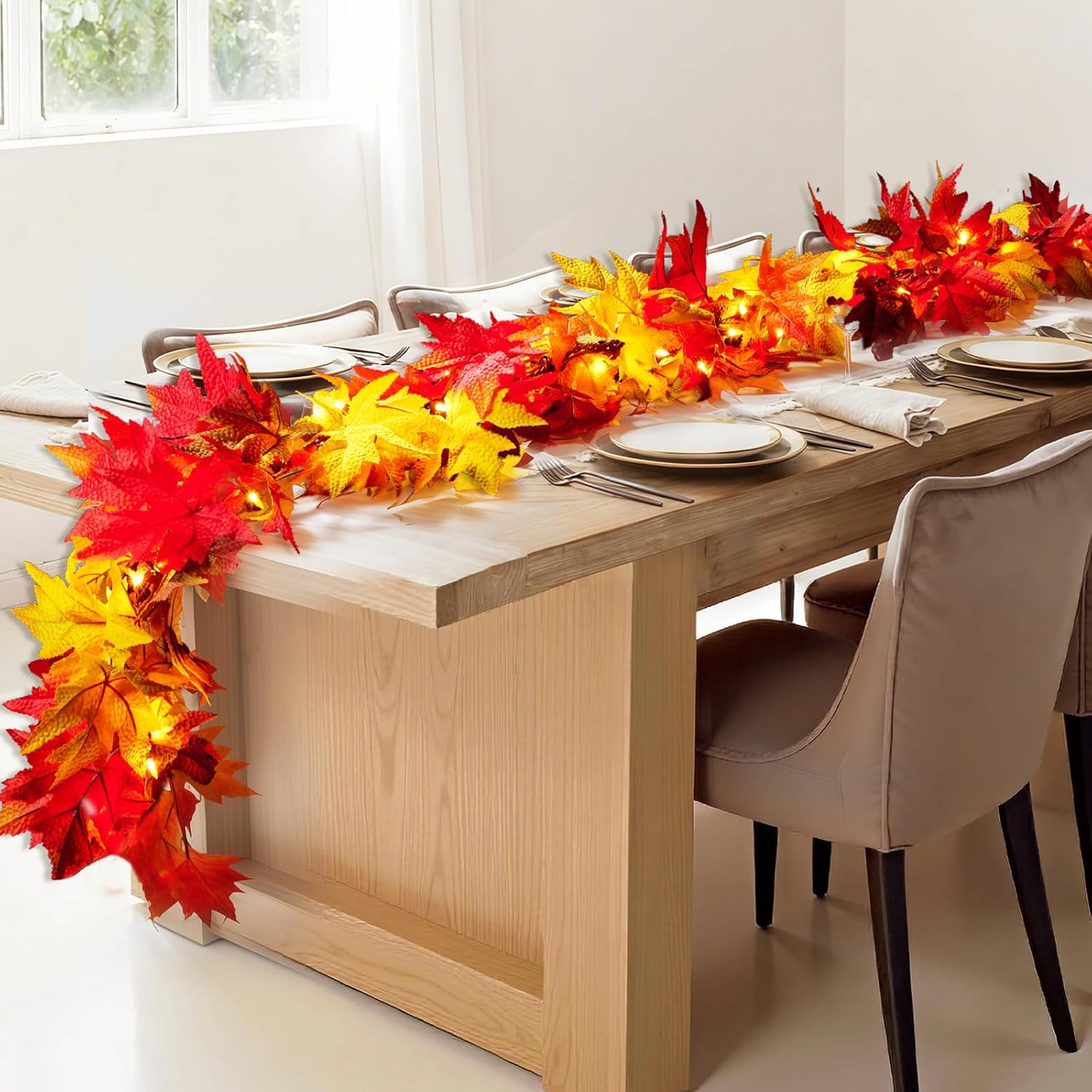 9FT Fall Decorations for Home Large Leaves Fall Garland with Lights Plug in 50 Bulbs Connectable Thanksgiving Garland String Lights for Outdoor Indoor Harvest Fireplace Fall Decor（1 Pack） - Image 8