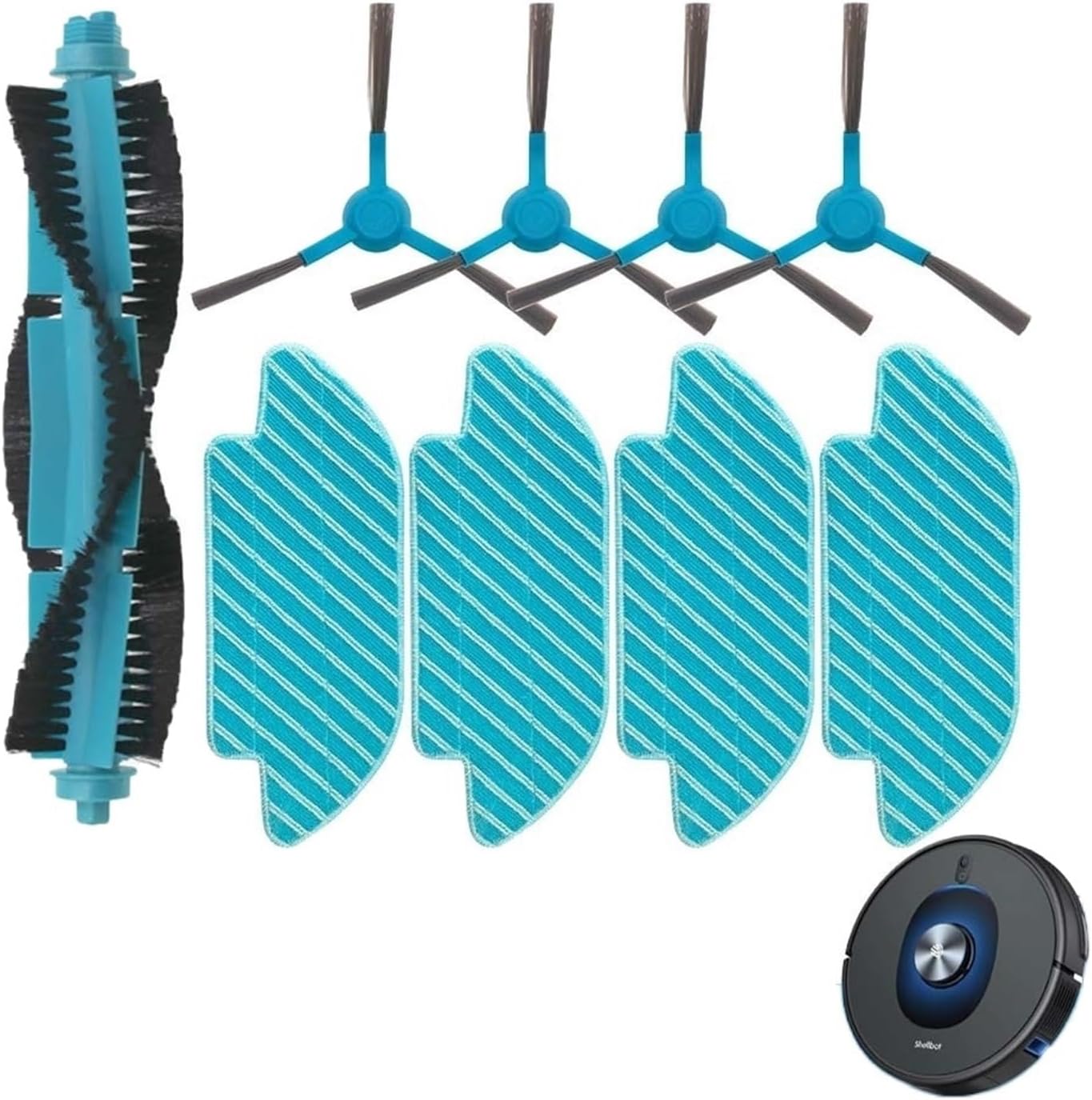 A complete set of replacement parts for the Shellbot SL60 robot vacuum, including a main roller brush, four side brushes, and four mop pads, arranged neatly.