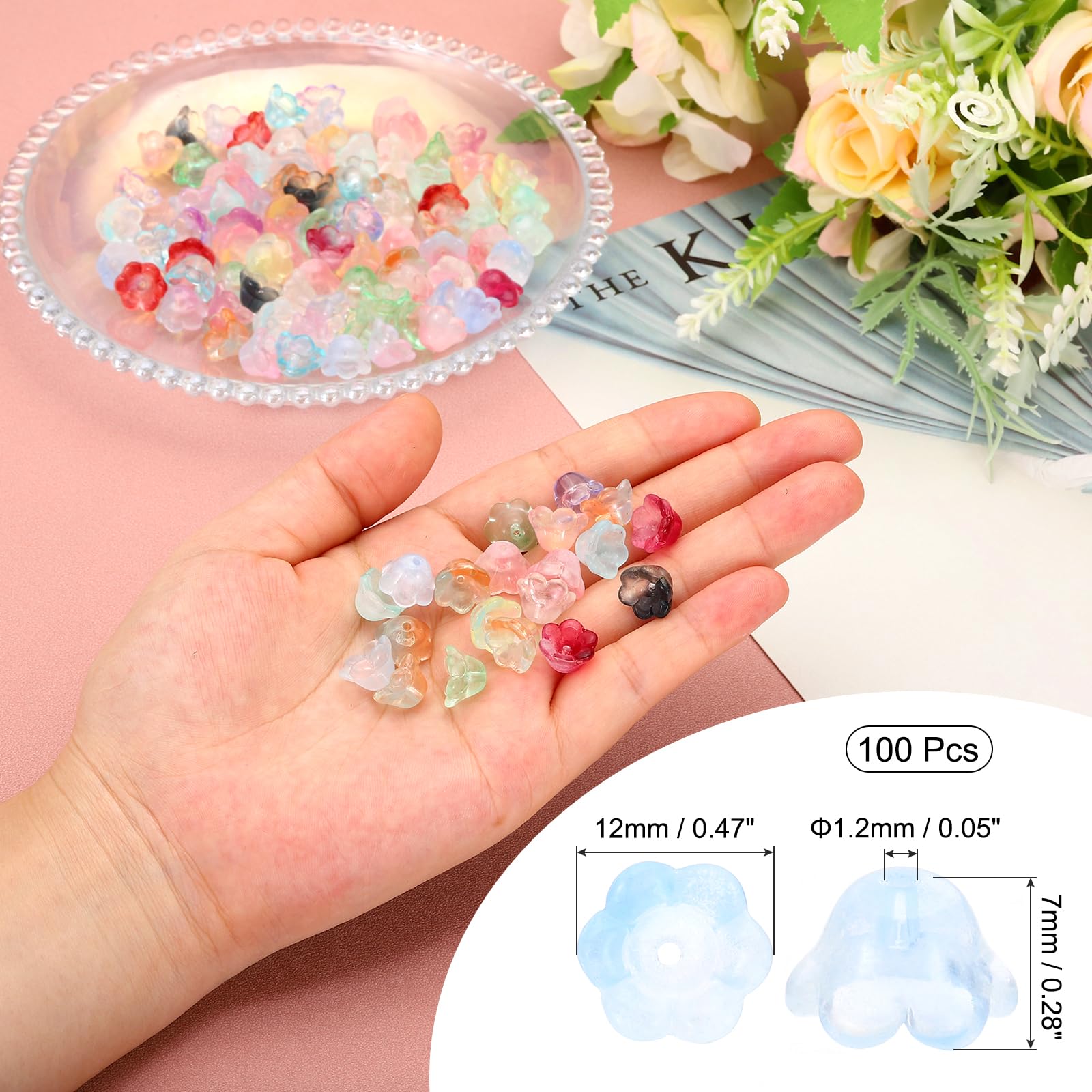 PATIKIL Glass Trumpet Flower Beads, 100 Pcs Gradient Flower Bead Charm for DIY Craft Decorations Light Blue - Image 2