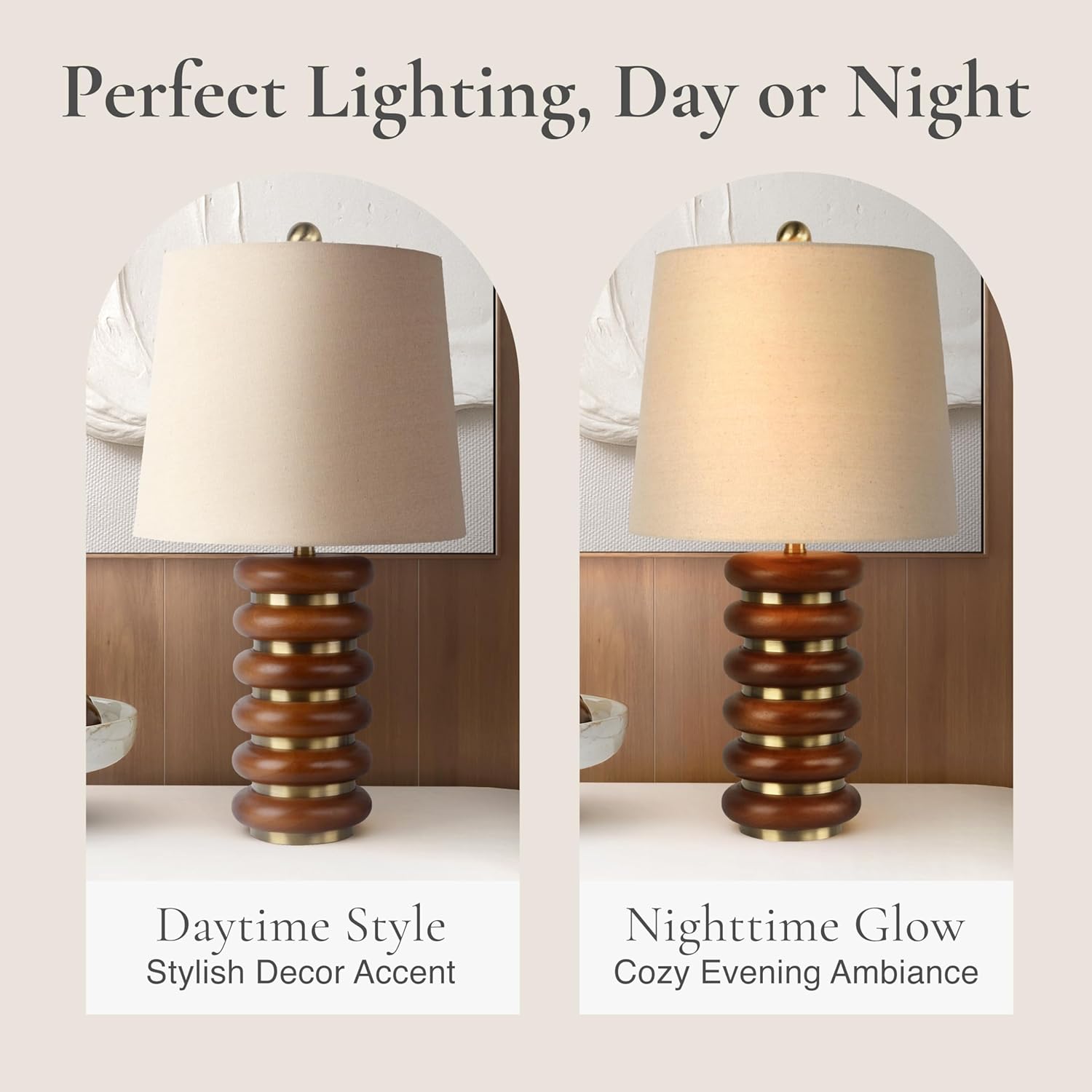 Abani Table Lamp Thalia Stacked Ring 21.5” – Mid-Century Modern Brown Wood Base with Wheat Linen Shade – E26 Bulb Included – Stylish Desk Lamp for Bedroom, Living Room, Dorm or Nightstand