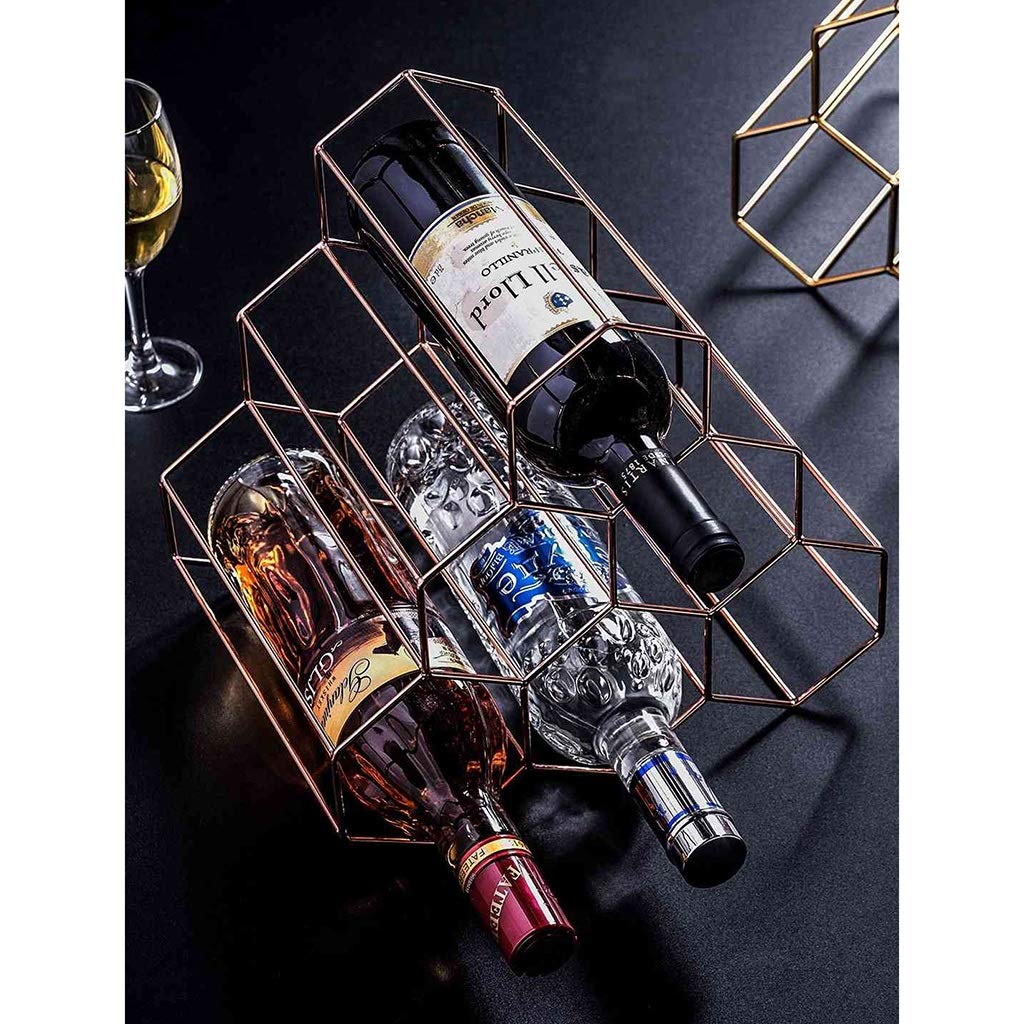 Portabottiglie A Nido D'ape In Metallo Dorato Da 6 Posti, Autoportante, Per Vino E Decorazione (25,5x19,5x26,5 Cm)