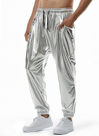 Mens Metallic Shiny Harem Pants Hip Hop Dance Sweatpants 70s Disco Elastic Waist Trousers Jogger Pants
