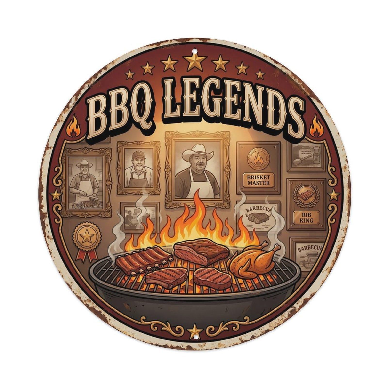 Yrnq Vintage Style-21 Vintage Bbq Barbecue Legends Artwork Metal Tin Sign Plaque Wall Decor For Cafe, Club, Garden Round Metal Poster 8X8inch