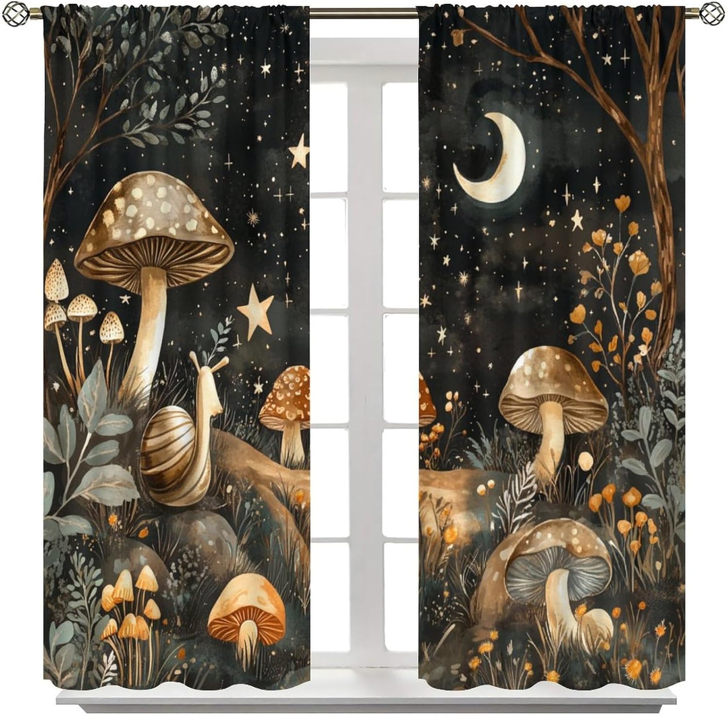 Mushroom Moon Snail Blackout Curtains for Bedroom/Living Room, Forest Star Night Curtains Rod Pocket Thermal Insulated Window Drapes, 2 Panels/Each 21" W x 45" L