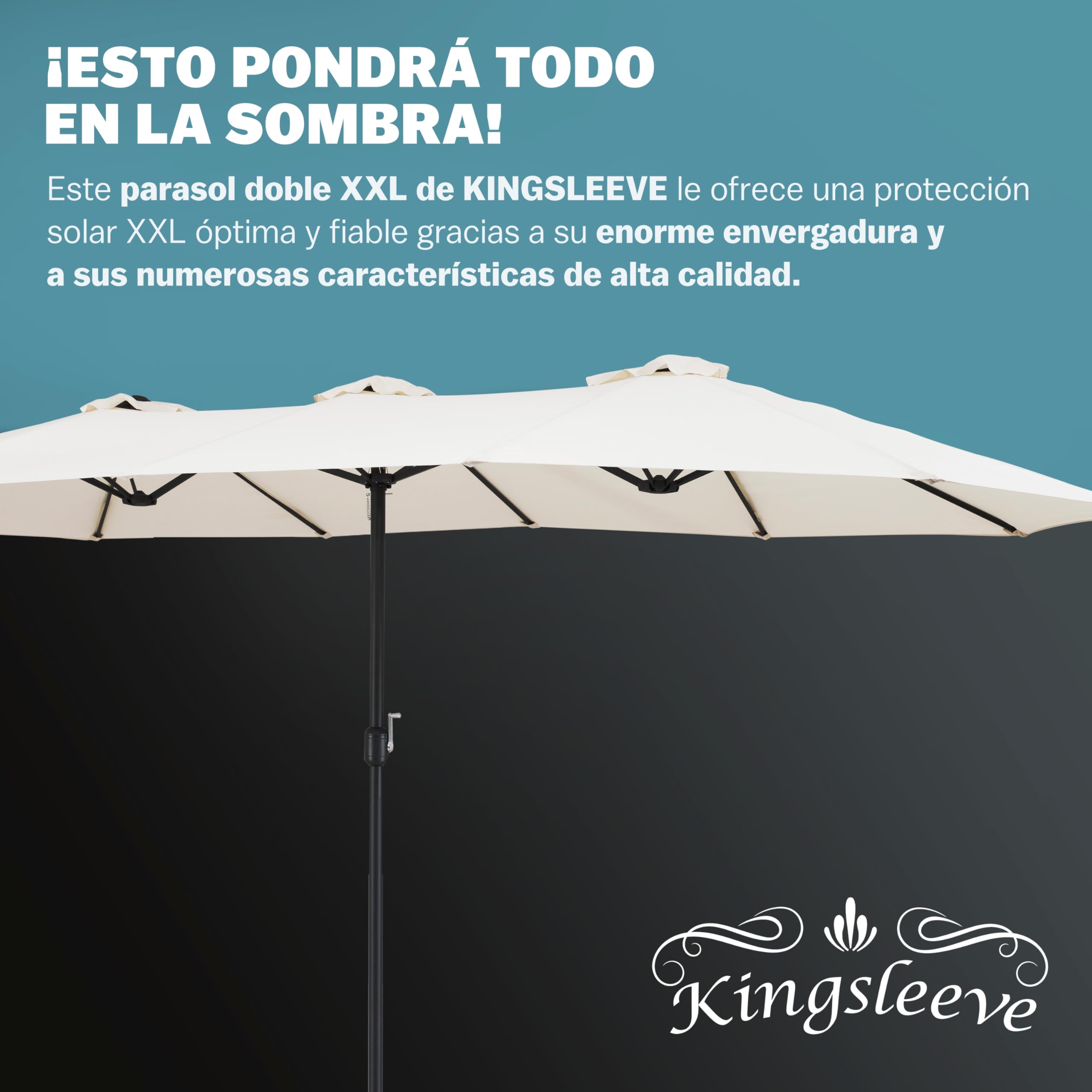 Kingsleeve® Sombrilla Grande Jardín 4,60x2,70 m Parasol Doble con Manivela Protección UV 80+ Resistente al Agua Ideal Exterior Patio Terraza Playa Piscina Balcón Incl. Funda Protectora Crema