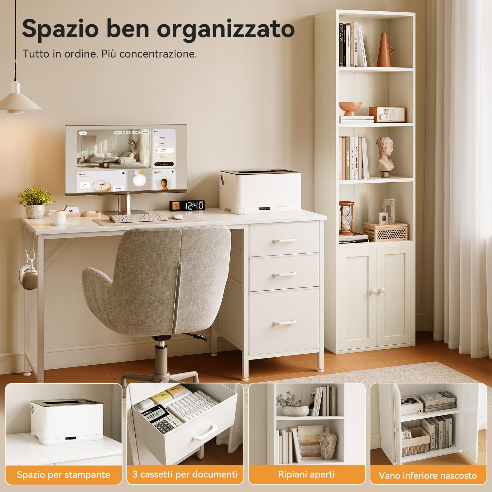 Coleshome Set Mobili Ufficio, Scrivania 120x48cm con 3 Cassetti e Portacuffie & Libreria a 6 Ripiani con Ante 176cm, Set Scrivania e Scaffale Salvaspazio per Casa e Studio, Bianco