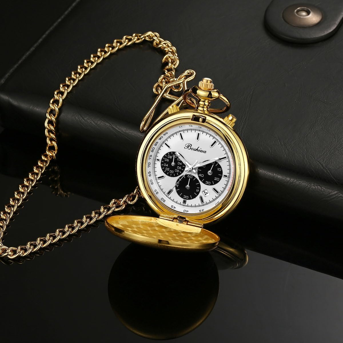 BOSHIYA Smooth Quartz Pocket Watches for Men Multifunctional Chronograph Classic Vintage Mens Womens Pocket Watch with Chain Christmas Graduation Birthday Gifts Fathers Day