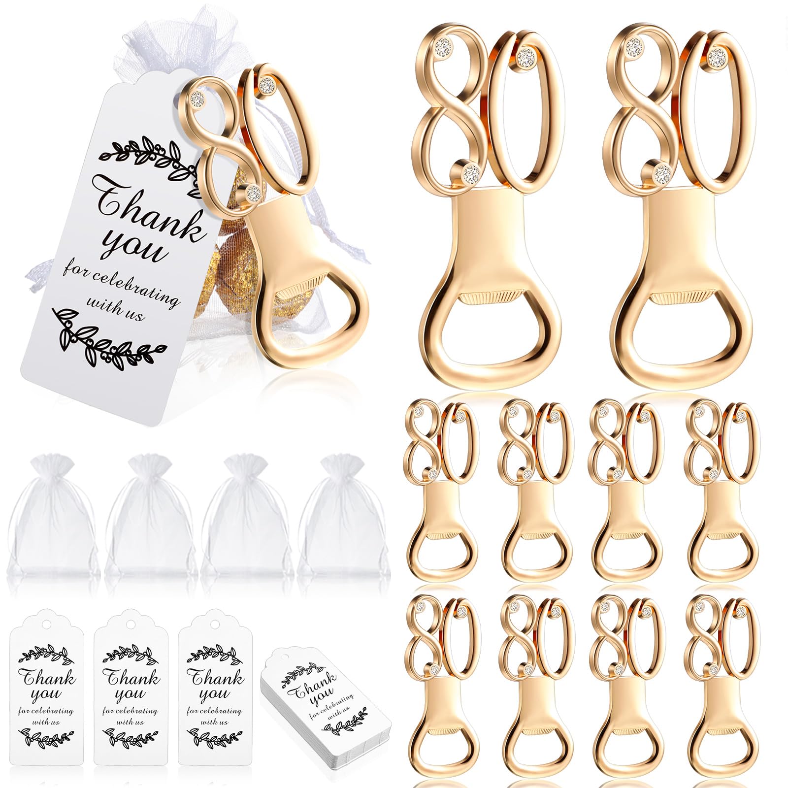 Set di 50 apribottiglie dorati, per feste di compleanno, con sacchetti in organza trasparente, etichette di ringraziamento, compleanni, matrimoni, anniversari, souvenir, bomboniere, decorazioni per
