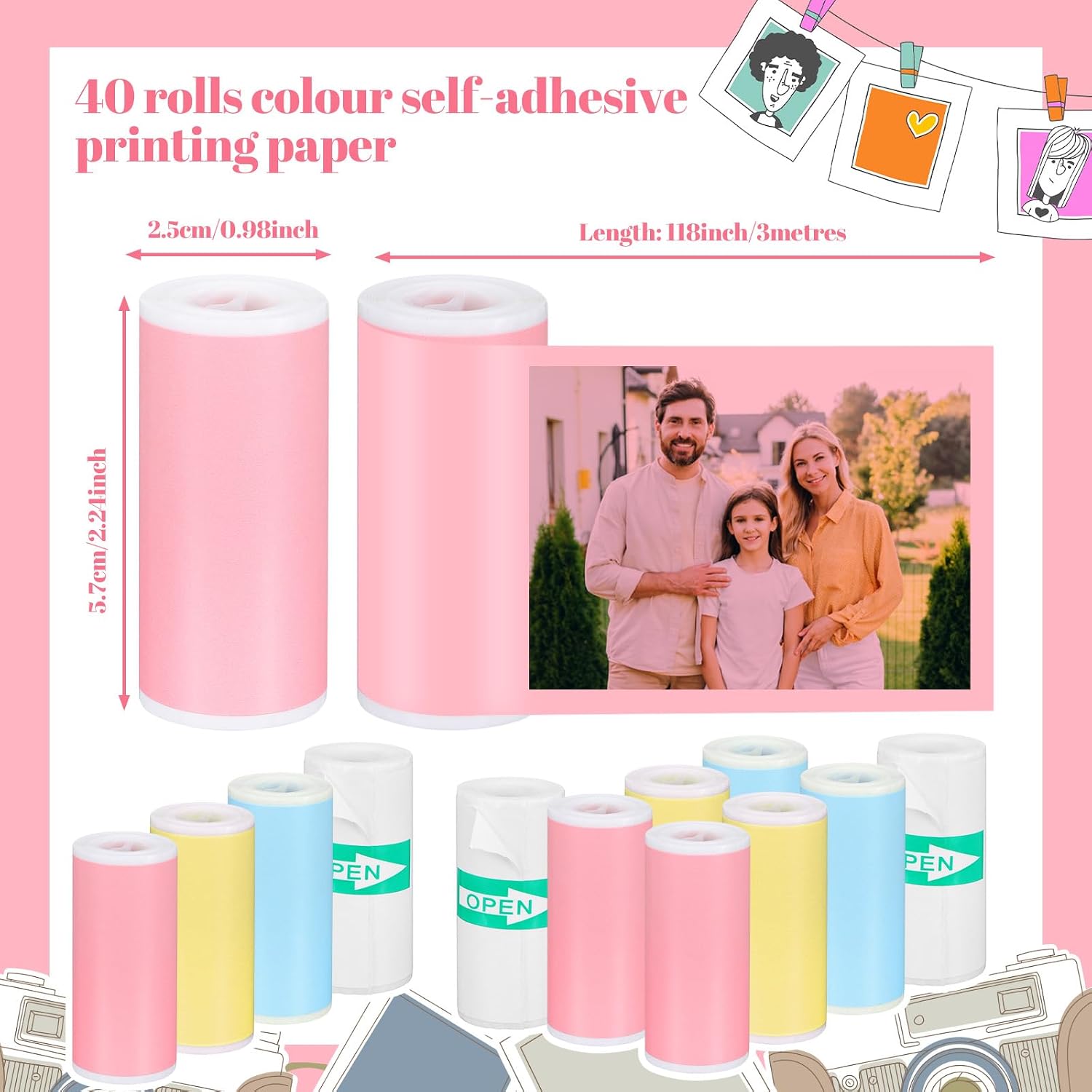 40 Pcs Mini Printer Paper Rolls, Mini Printer Sticker Paper Rolls(4 Colors) image 2