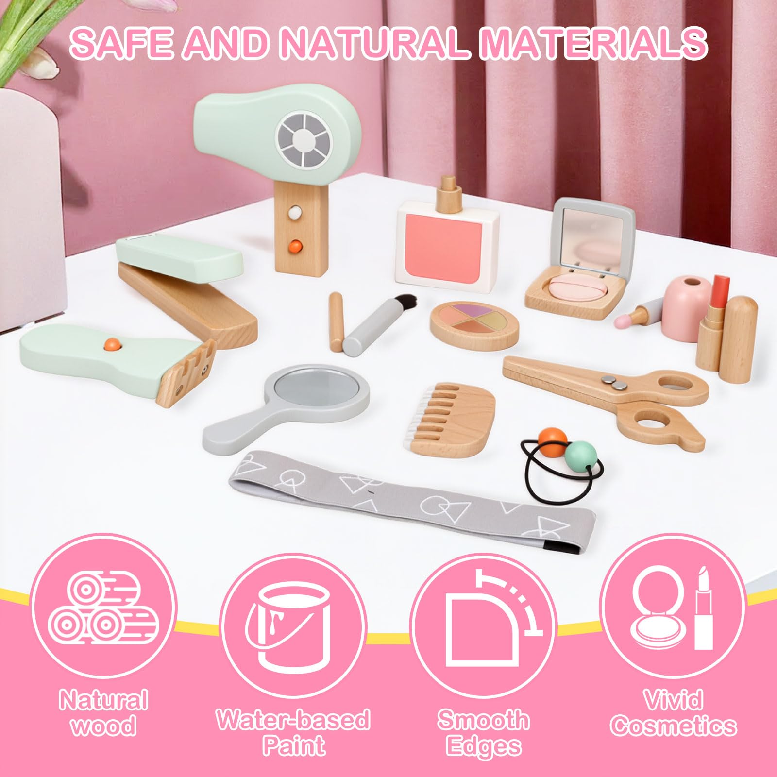 Set Maquillaje de Madera Niña,Juguetes de Belleza de Madera,Juguete de Maderas Juego de rol,Kit de Maquillaje Feating con Bolsa Comestic Accesorios Regalo Cumpleaños para Niños 3 4 5 6 Años