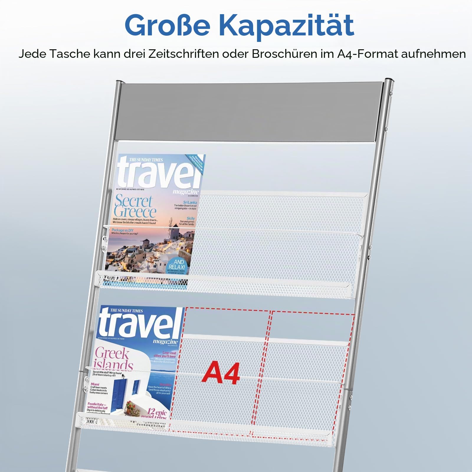 Zeitschriftenständer, Literaturständer mit 4 Taschen, bodenstehend, Prospekthalter Rack, Silber, 48 x 36 x 137 cm