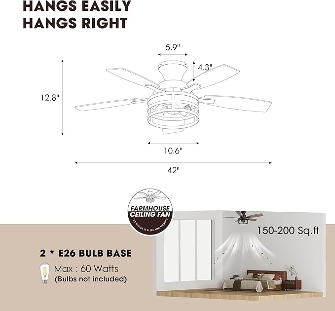 Ventilador de Techo 42 Pulgadas con Luz y Control Remoto, 24 miniatura 2