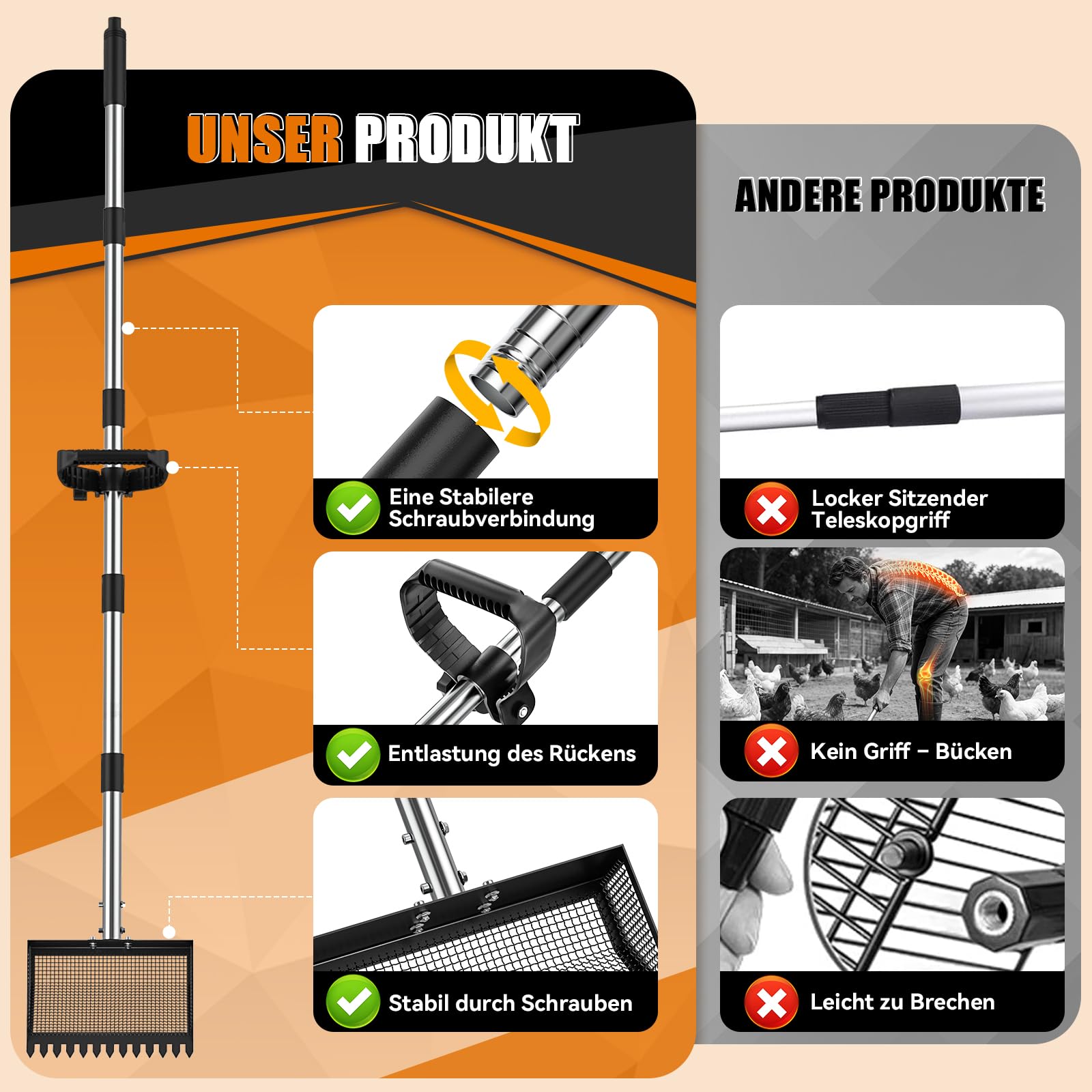 25.5cm Hühnerkotschaufel mit Ergonomischem Griff, Hühner Zubehör Siebschaufel Metall, 4-In-1 Verstellbare 89-190cm Chicken Poop Scooper Zum Reinigen von Hühnerställen Ziegenställen Ställen