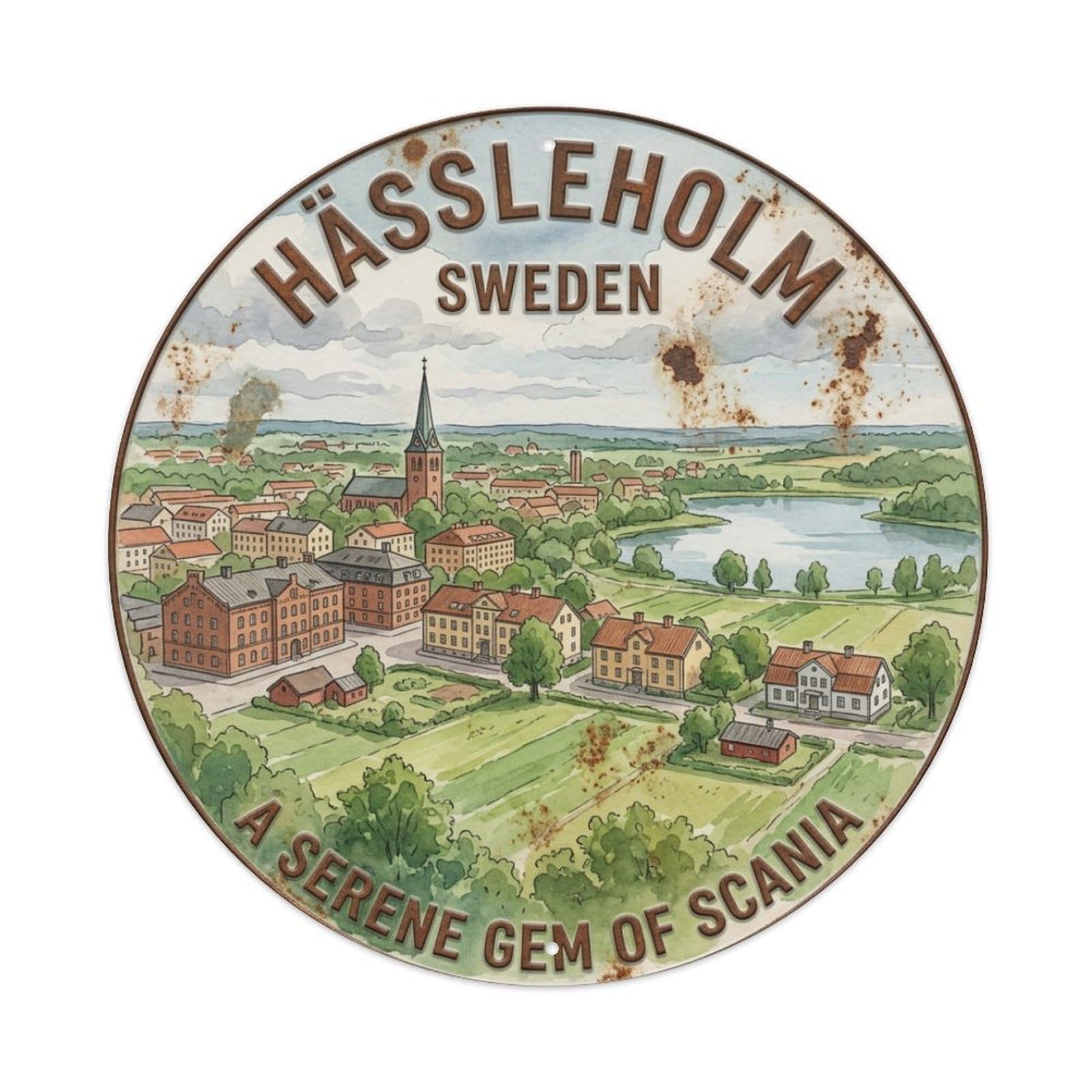 Vintage Travel Hassleholm Sweden Town Metal Tin Sign