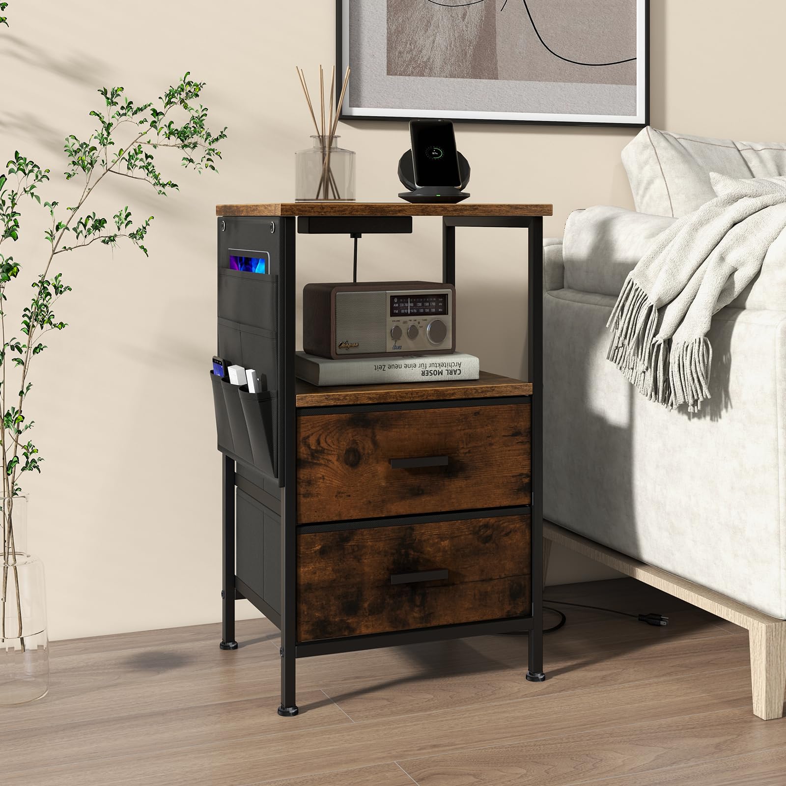 COSTWAY Stolik nocny 2 sztuki z 2 szufladami gniazdko elektryczne USB drewniany 38x30x60 cm rustykalny brąz