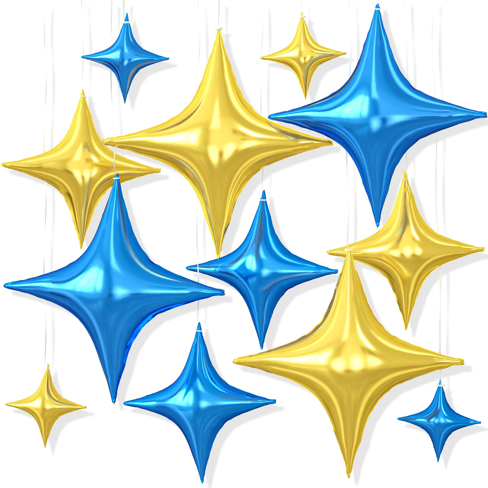 Dagelar 12PCS Star Balloons, 26/18/10 Inch Star Foil Balloons, Metallic Four Pointed Stars Balloon for Birthday Baby Shower Graduation Wedding Anniversary New Year Party Decorations, Blue Gold