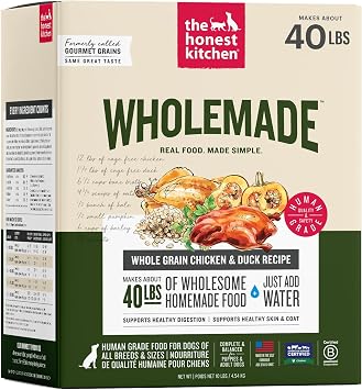 The Honest Kitchen Wholemade Whole Grain Chicken & Duck Recipe, Human Grade Dehydrated Dog Food with Bone Broth, Dry or Wet Topper for Puppies & Adults Dogs, Just Add Water, 10 lb Box Makes 40 lbs