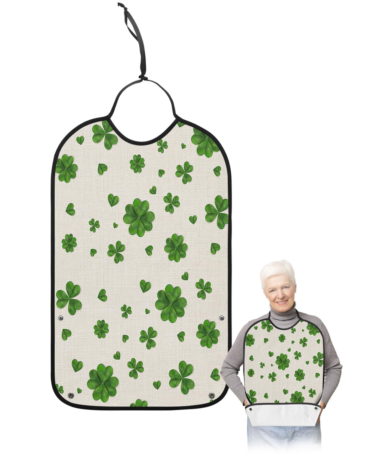 St. Patrick's Day Adult Bibs for Eating, Waterproof Bibs with Food Catcher & Adjustable Snap Closure, Lucky Green Clover Linen Texture Washable Clothing Protectors Adult Bibs for Elderly Women/Men