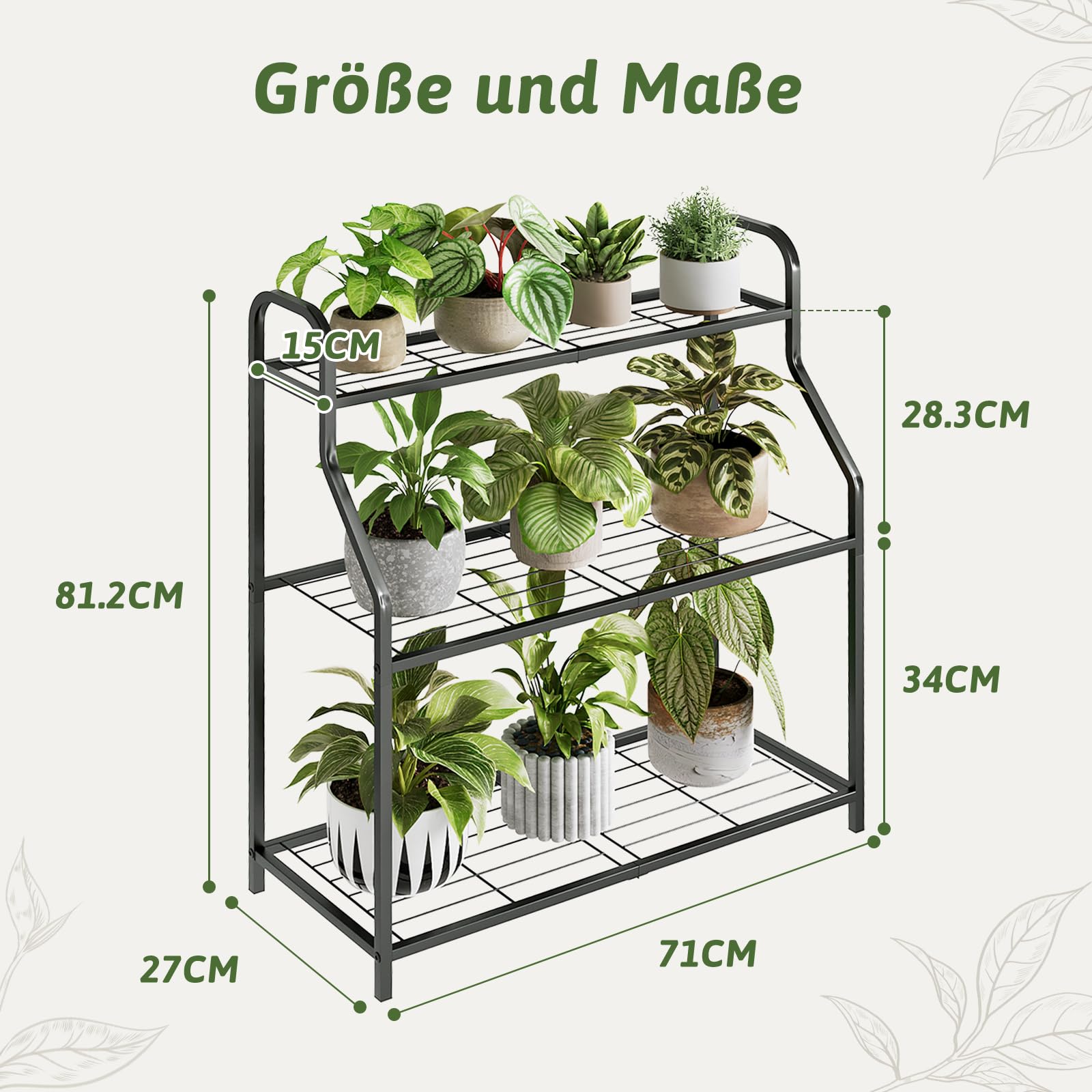 Bamworld Pflanzenständer Schwarz Metall Wetterfestes Pflanzenregal für Innen und Außen, Pflanztisch für Blumen und Kräuter, robuster Blumenständer mit 3 Ebenen
