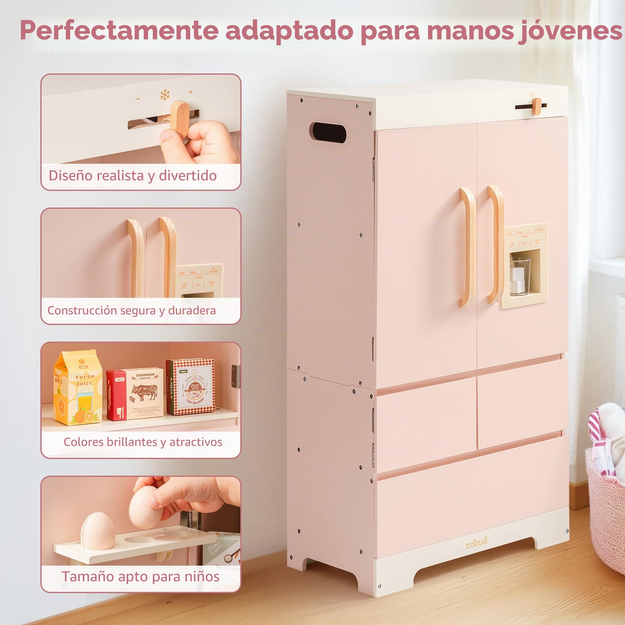 ROBUD Frigorífico de Madera - Realista e Interactivo con máquina de Hielo y Juguetes alimenticios - Apto para niños a Partir de 3 años - Rosa