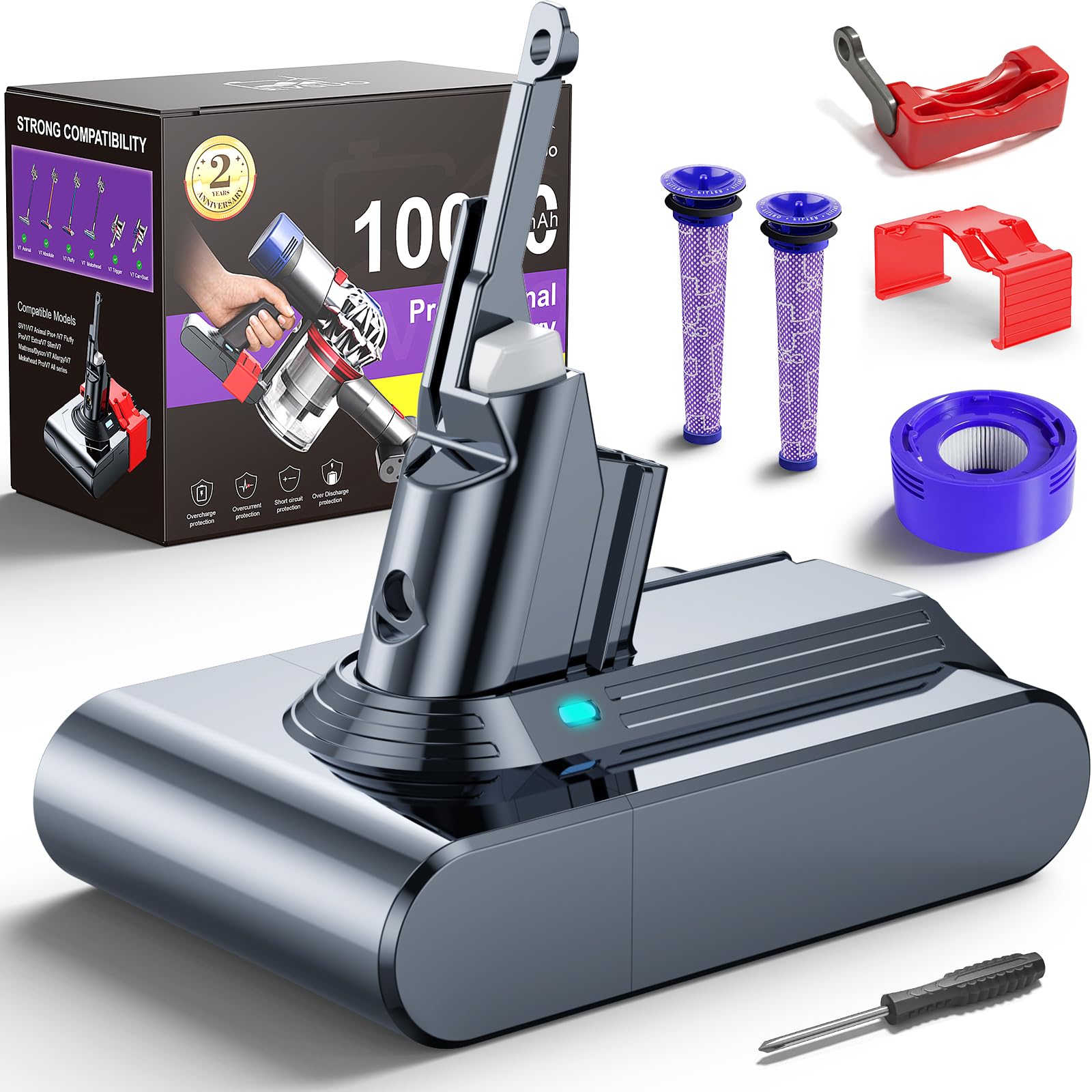 10000mAh 21.6V Battery Replacement for Dyson V7, 45 Min Runtime, Compatible with SV11 V7 Animal Motorhead Trigger Absolute Fluffy Car+Boat, Tool-Free Swap Clip &amp; Switch Lock, 2-Yr Warranty
