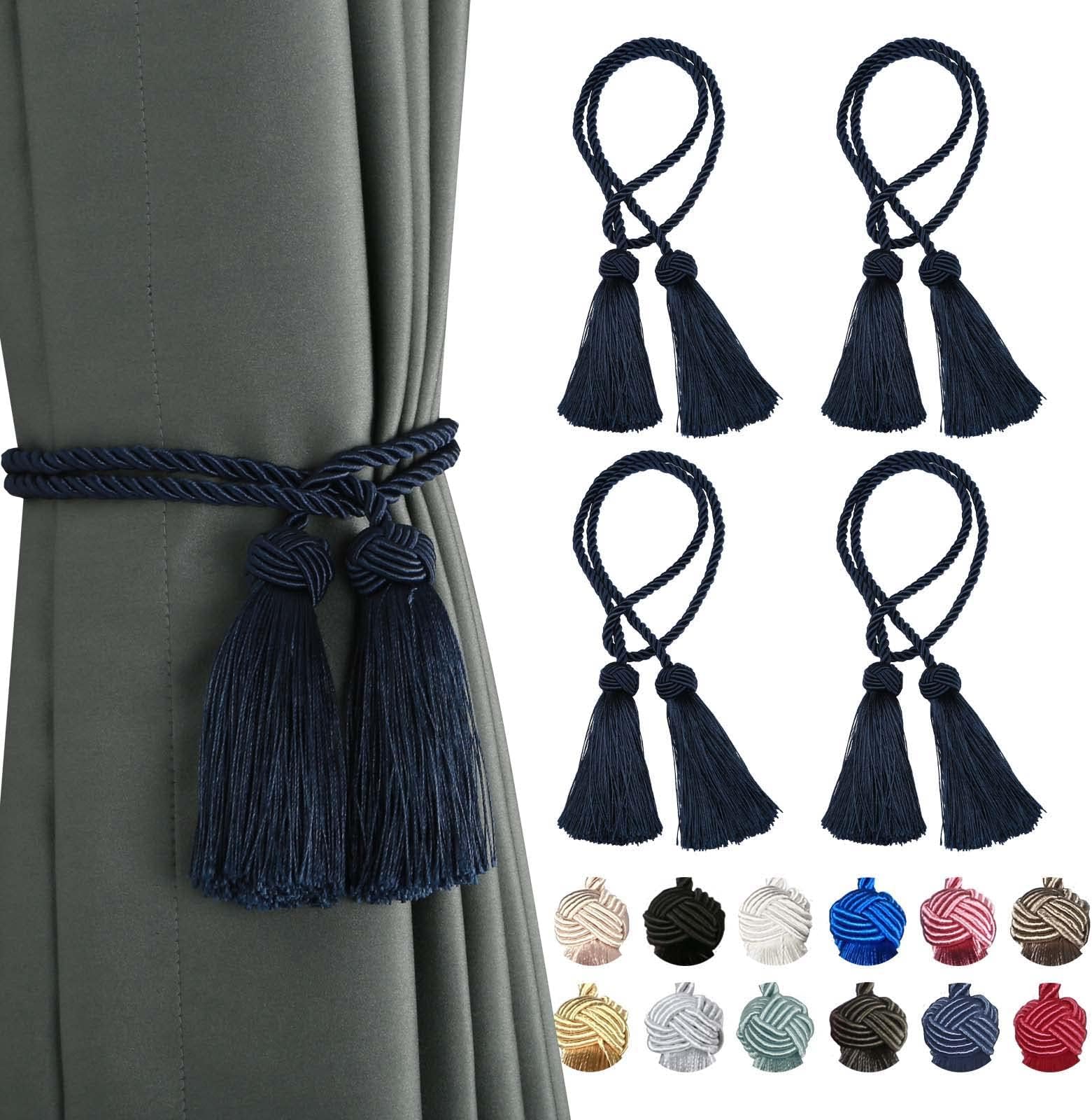 BEL AVENIR 4 Pack Curtain Tiebacks Handmade Decorative Curtain Holdbacks Rope with Tassel- Navy