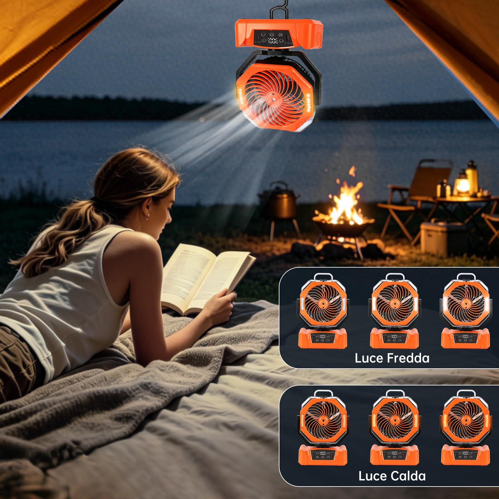 JONRRYIN Ventilatore da Campeggio 20000mAh, Ventilatore Ricaricabile con Nebulizzazione USB, Ventilatore da Tavolo con 6 Modalità Luce, 6 Velocità, Rotazione 270°, per Camper e Tenda