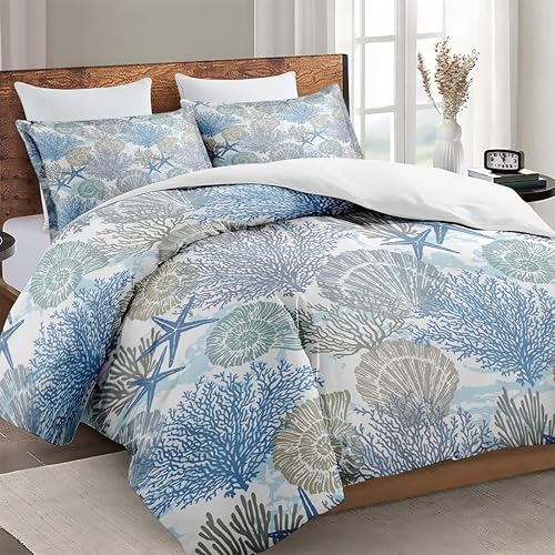 Miniatura 3 de WeCozy Juego de funda de edredón de tamaño matrimonial con 2 fundas de almohada, conchas marinas, conchas marinas, coral con cierre de cremallera