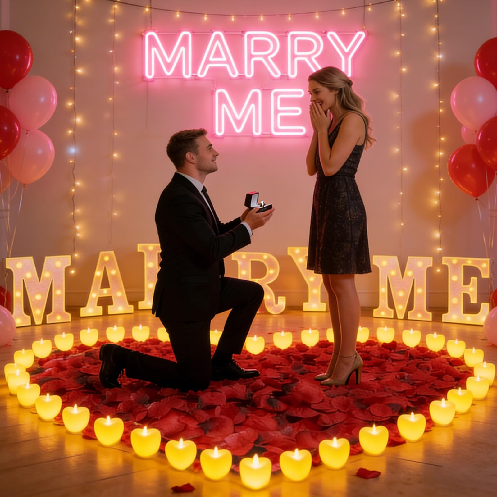2031 pezzi rosa MARRY ME lettere luminose come decorazione per proposte di matrimonio, 2000 petali di rosa, cartello MARRY ME con 24 candele a cuore senza fiamma, per proposte di matrimonio