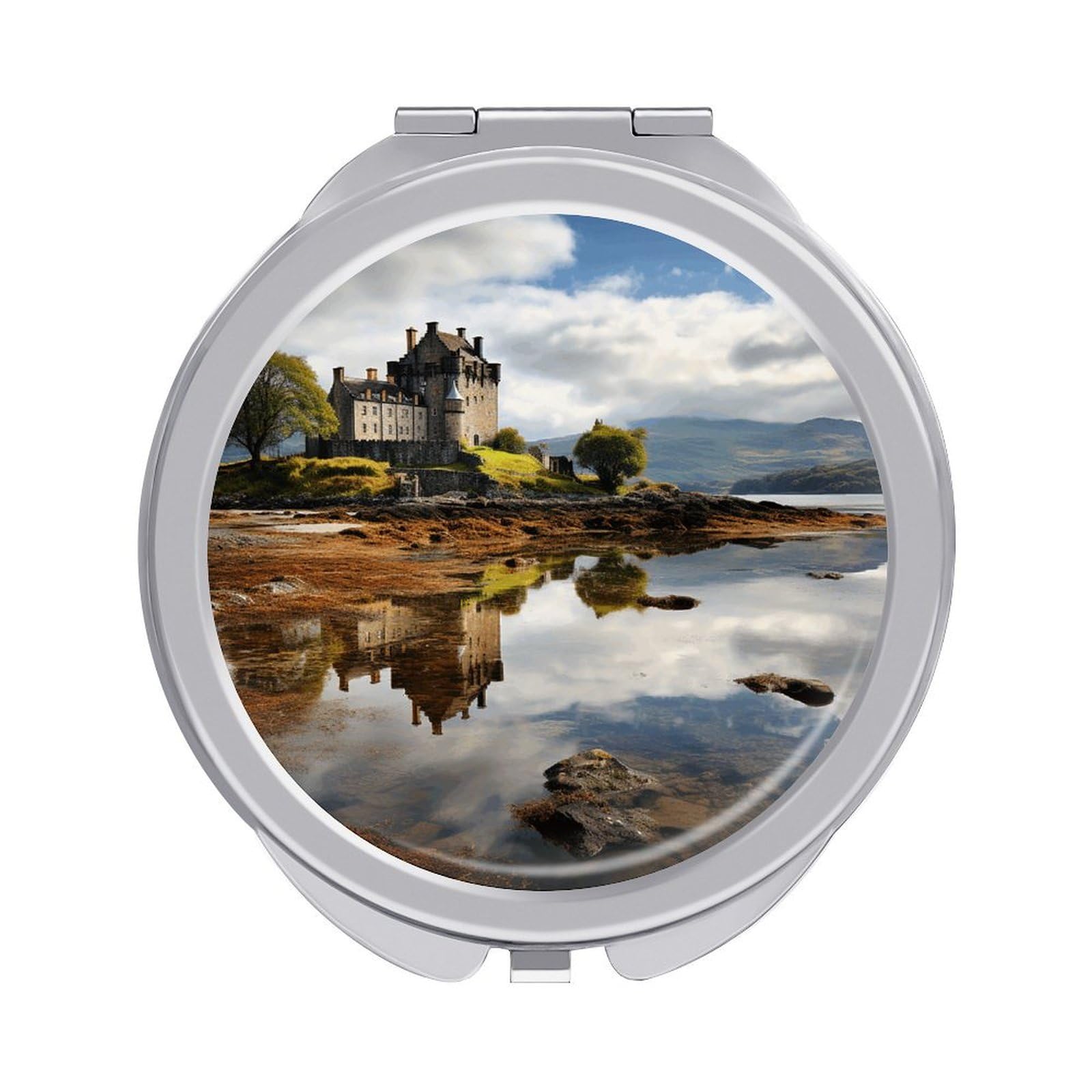 VstaDank Scotland Castle Water Lake Scottish Travel Makeup Mirror Cute Compact Mirror for Women 1X/2X Magnifying Metal Pocket Makeup Mirrors Folding Round Makeup Mirrors for Handbag Wallet & Gift