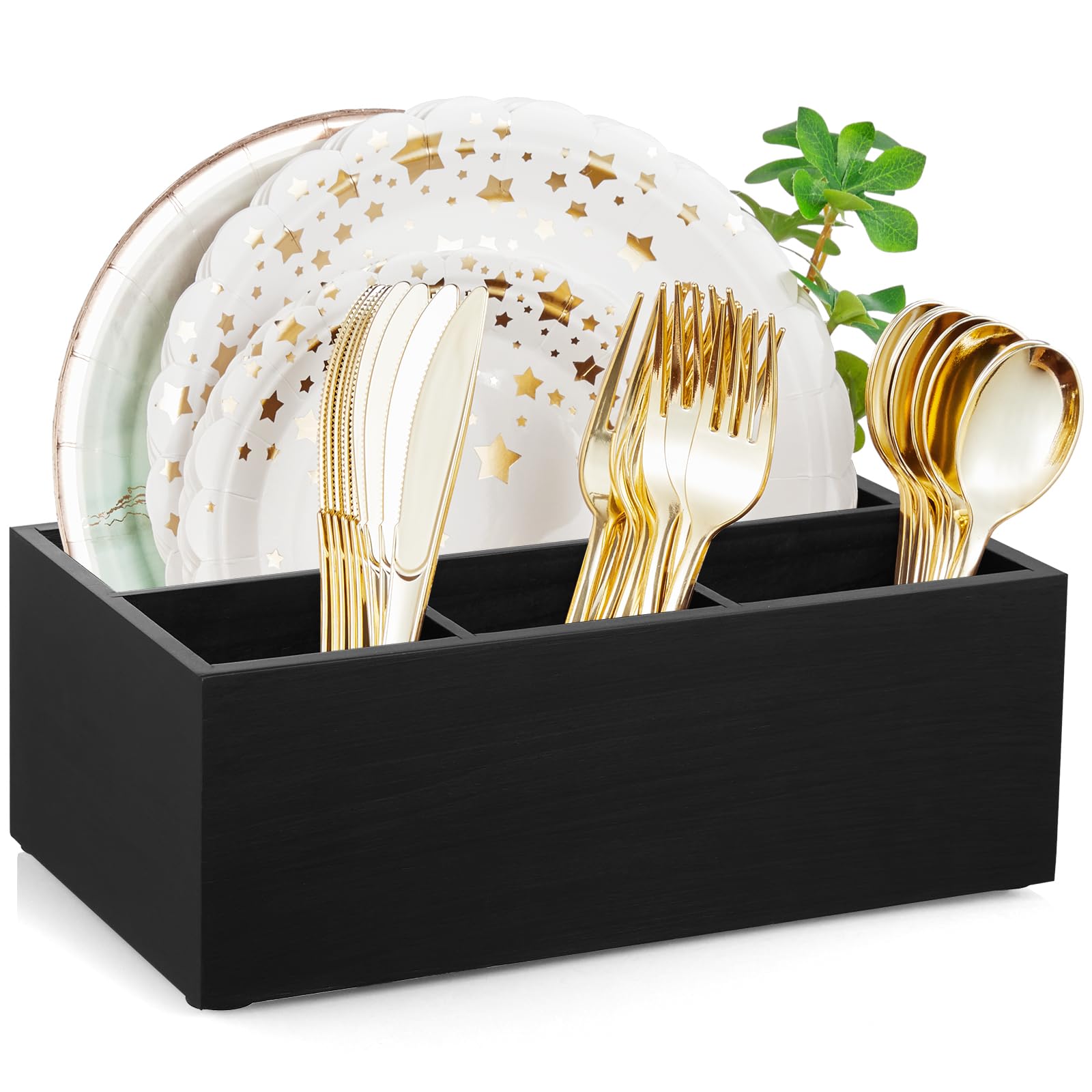 DRASTAR Paper Plate Dispenser, Wooden Utensil Caddy Organizer, Large Silverware Holder for Party, Black Paper Plate Organizer, Kitchen Utensil Caddy for Party Picnic Camping