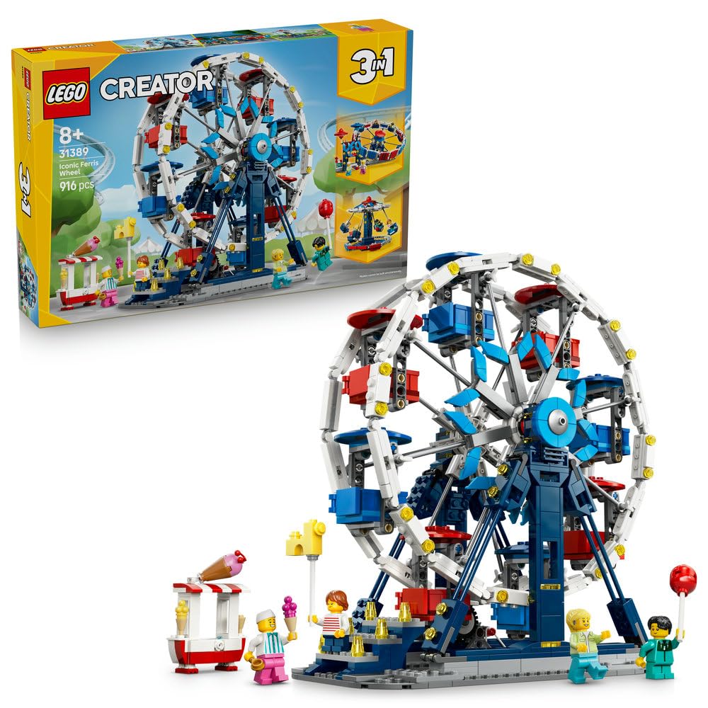 LEGO Creator 3 w 1 Kultowy diabelski młyn, zabawka konstrukcyjna dla dziecka, diabelski młyn, przejażdżka z UFO lub karuzela, pomysł na prezent urodzinowy dla chłopca lub dziewczynki od 8 lat 31389