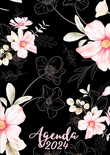 Agenda journalier 2024: 1 jour par page avec heure 365 jours de janvier à décembre - planificateur professionnel journalier français - Format A4 - Fleurs.