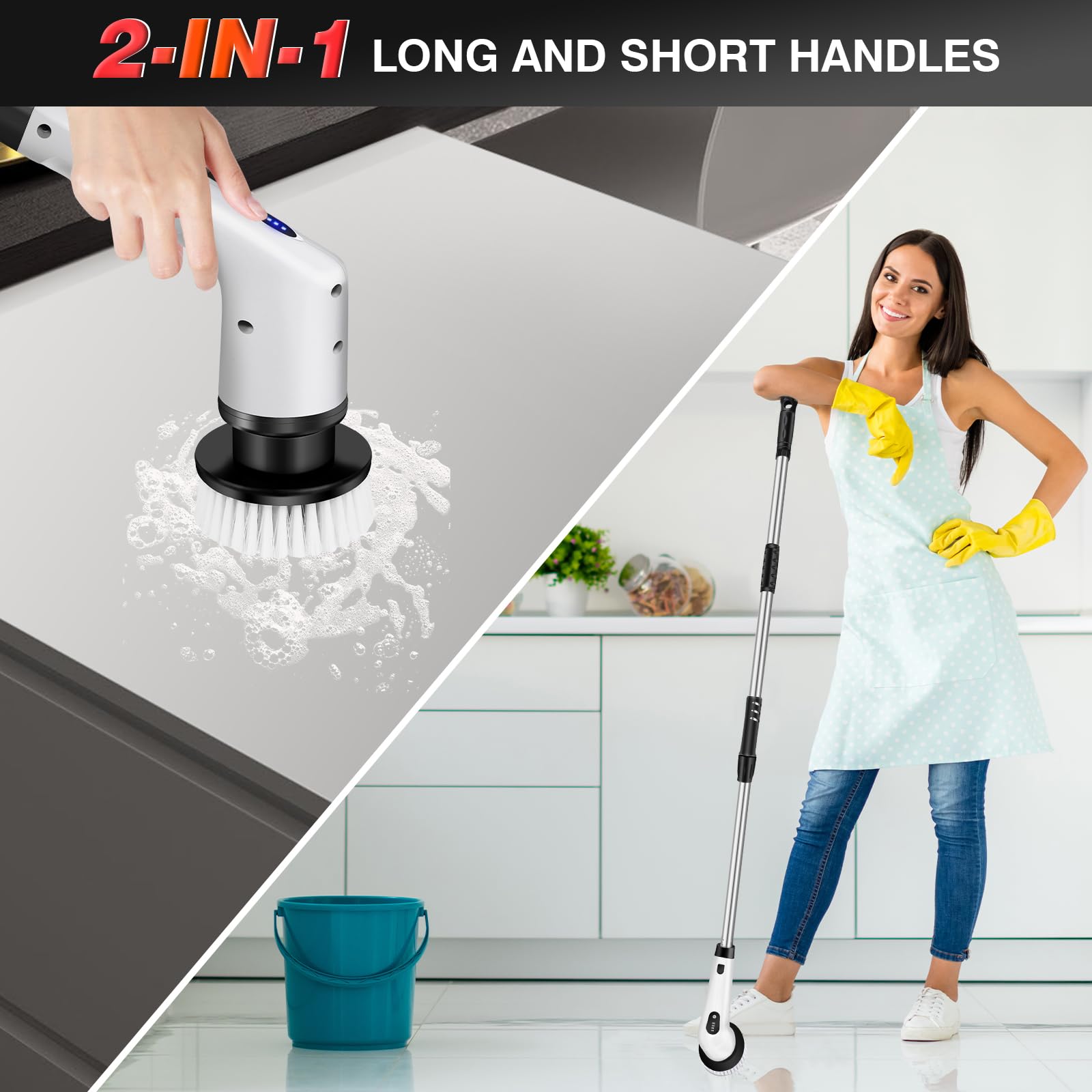 Cepillo de limpieza eléctrico de 2 velocidades, cepillo de limpieza con batería de 3,0 Ah y cargador rápido, 9 cabezales de cepillo de limpieza y mango ajustable, IPX6 impermeable, WZ