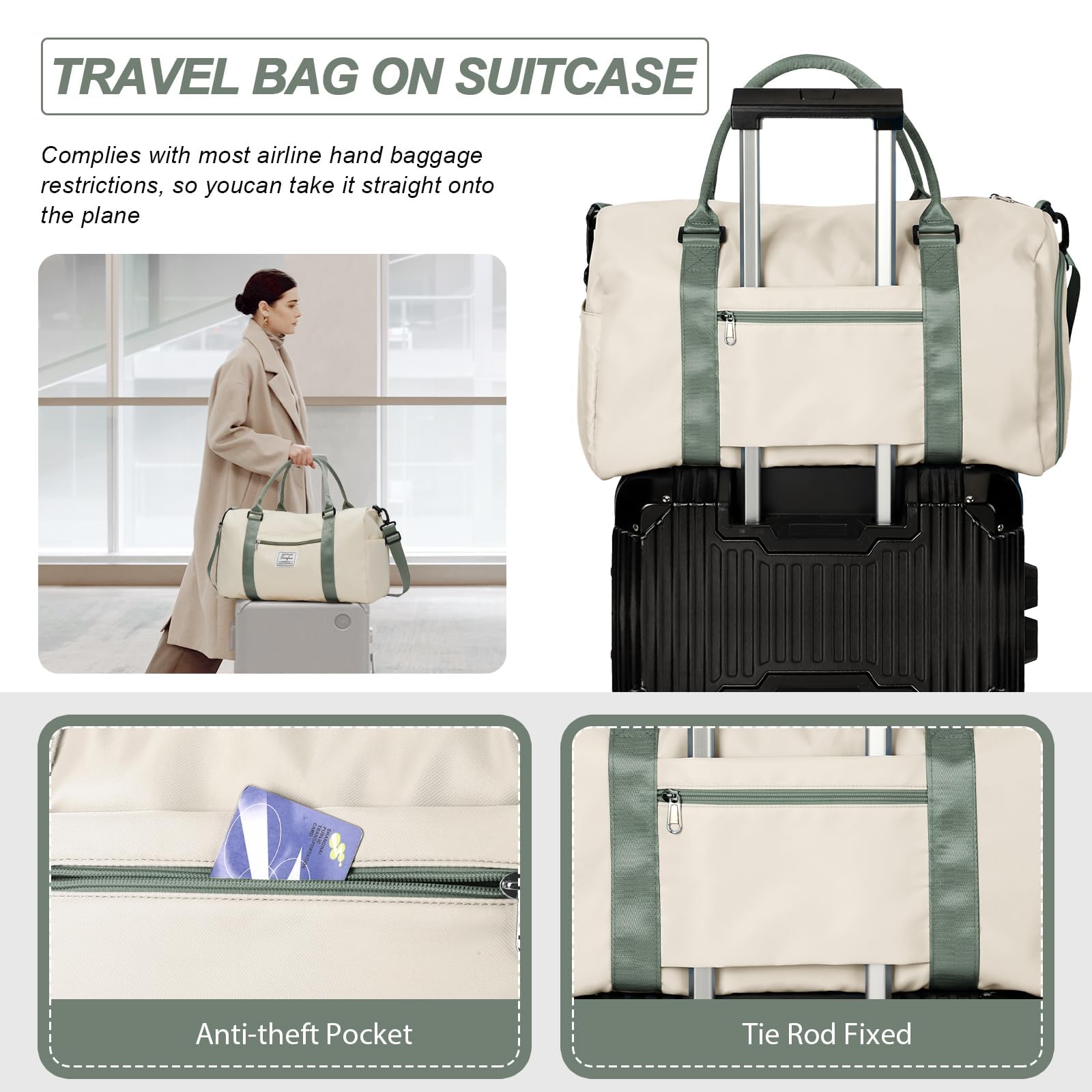 HYC00 Borsone Palestra Donna Uomo Borsa Sportiva con Scomparto Scarpe Borsone da Viaggio Sports Gym Bag Grande Borse da Palestra Piscina Donna Fitness Weekend Duffel Bag Borsa per Ospedale,Beige Verde