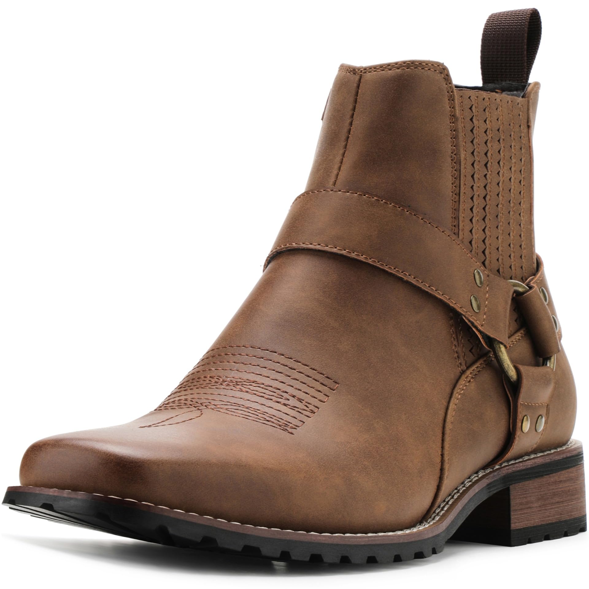 Men's Western Cowboy Ankle Boots Square Toe Metal Harness Buckle Pull On Chelsea Riding Boots botas vaqueras para hombre for Country Music Festival, Western Theme Wedding, Urban Casual